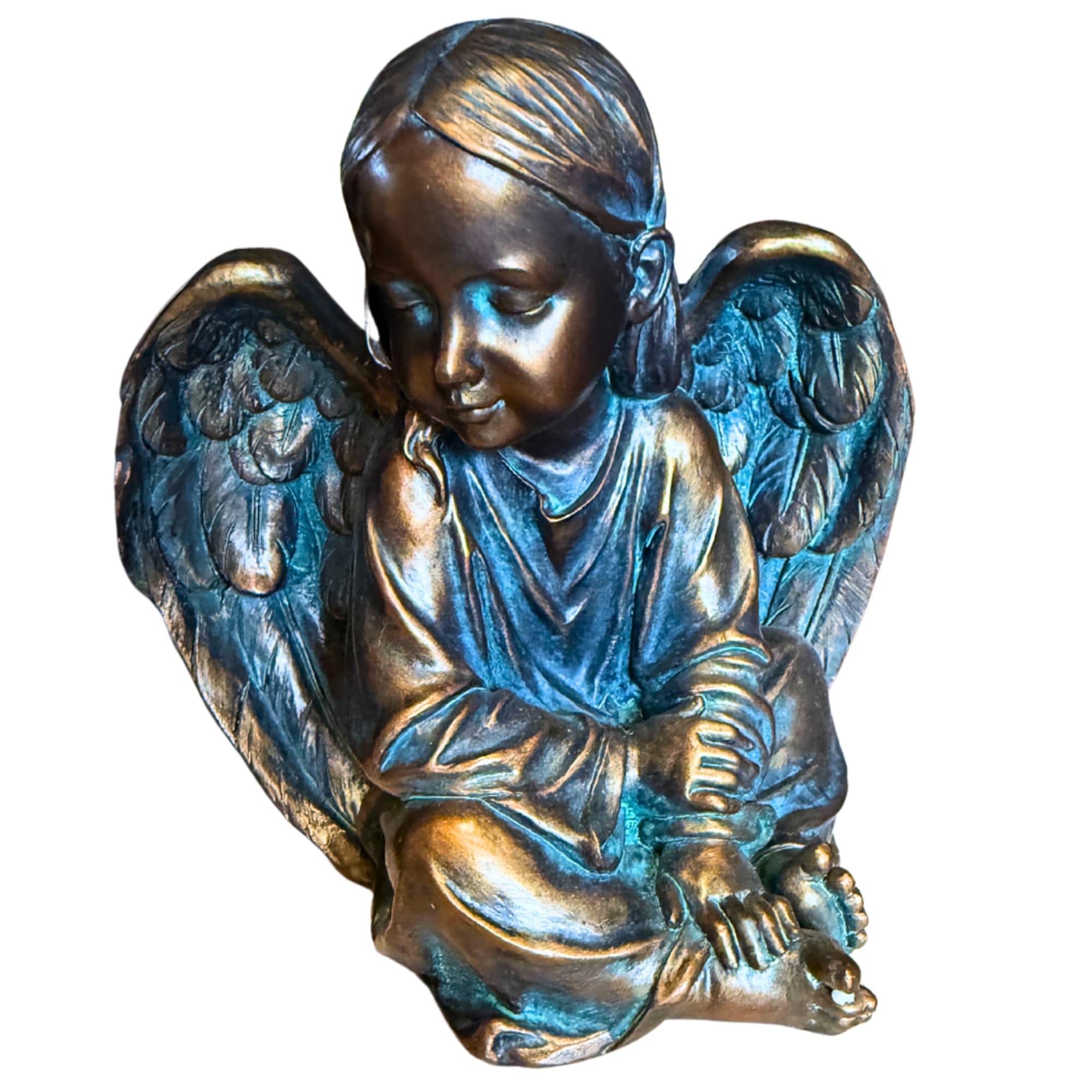 Bronze-toned angel figurine with blue accents and folded wings