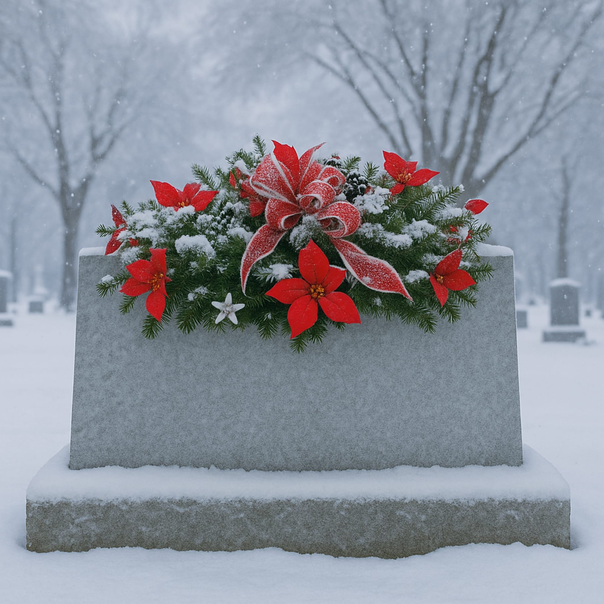 Snow-covered grave marker with red poinsettias and a ribbon arrangement
