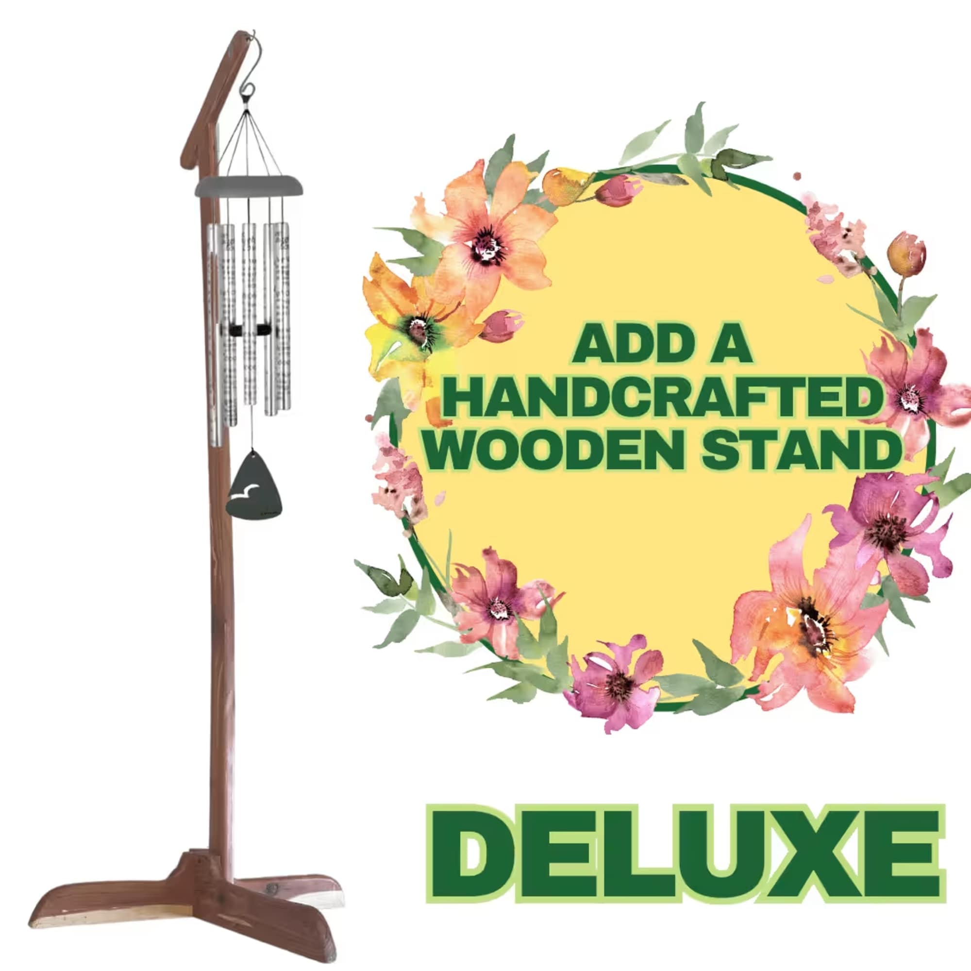 Wooden wind chime stand beside a floral graphic with the word DELUXE