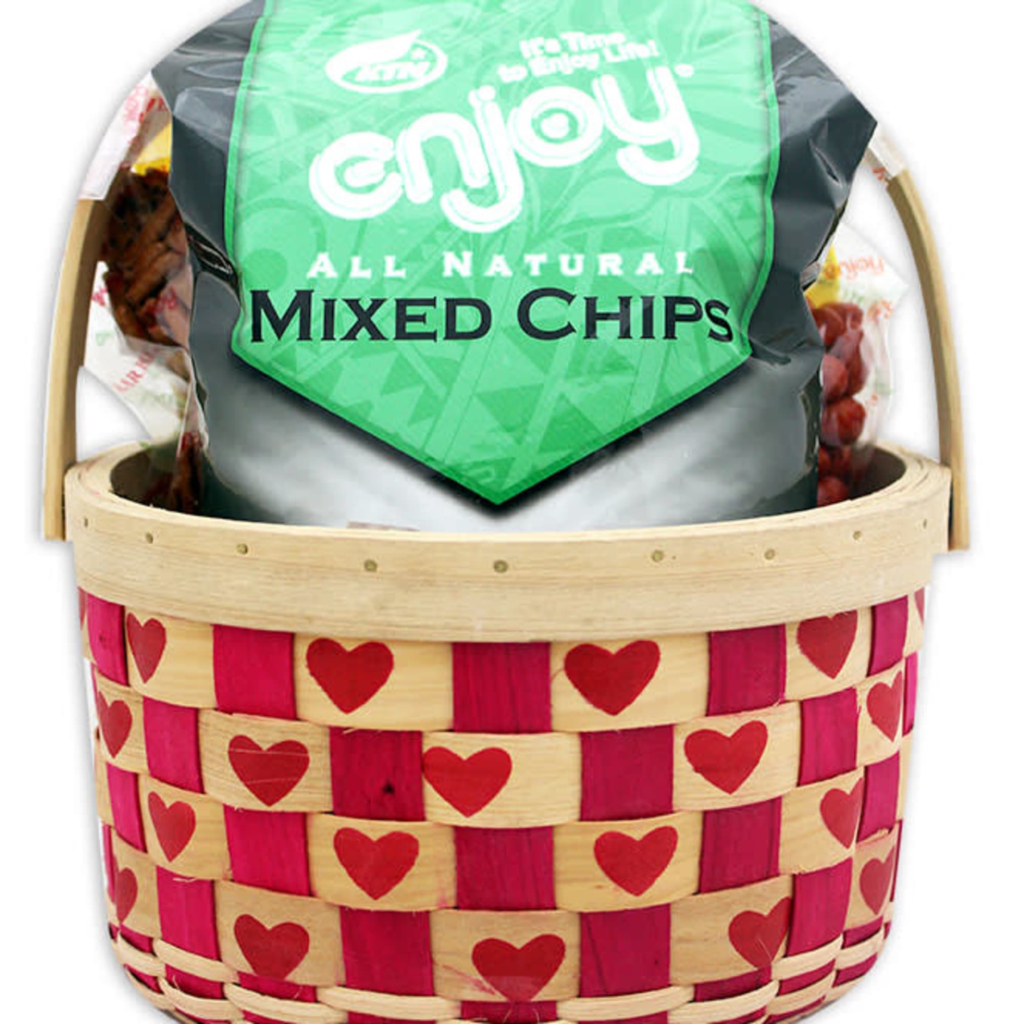 Heart-pattern gift basket filled with a large bag of mixed chips.