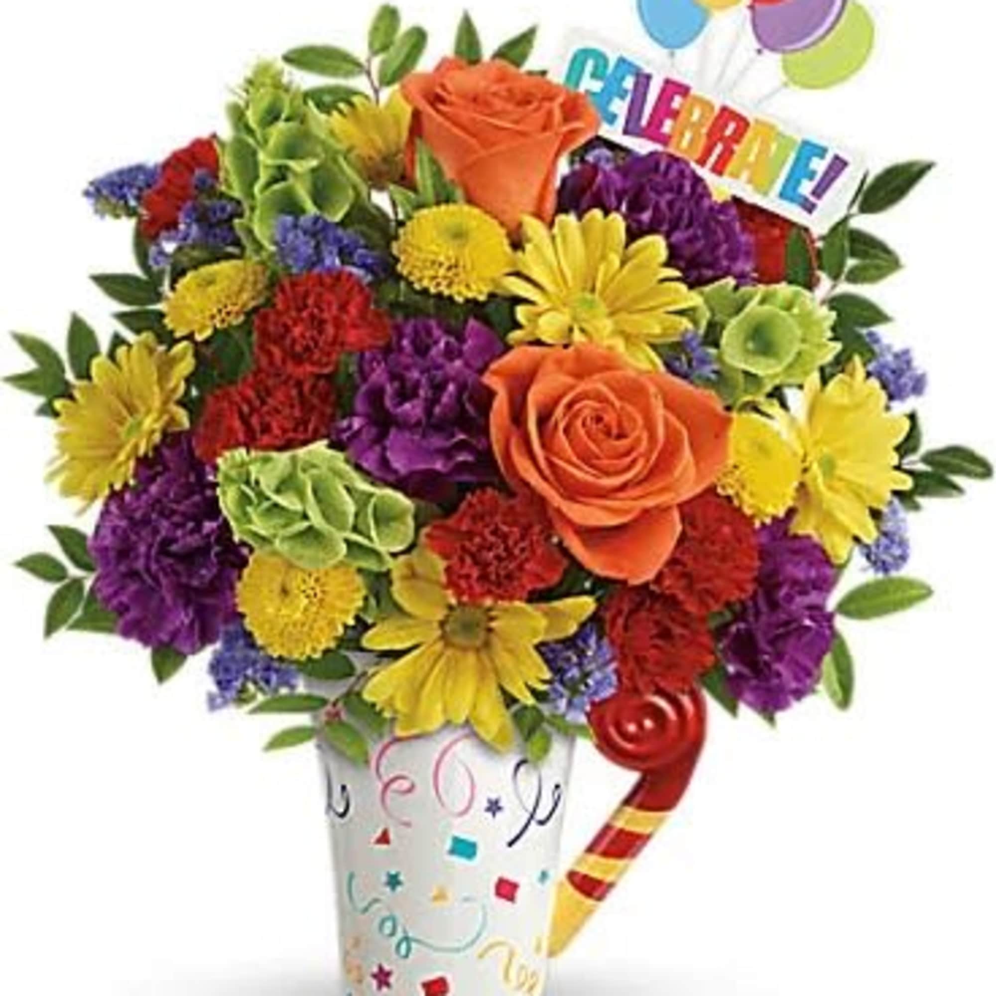 Colorful bouquet in a decorated vase with balloons and a celebration sign