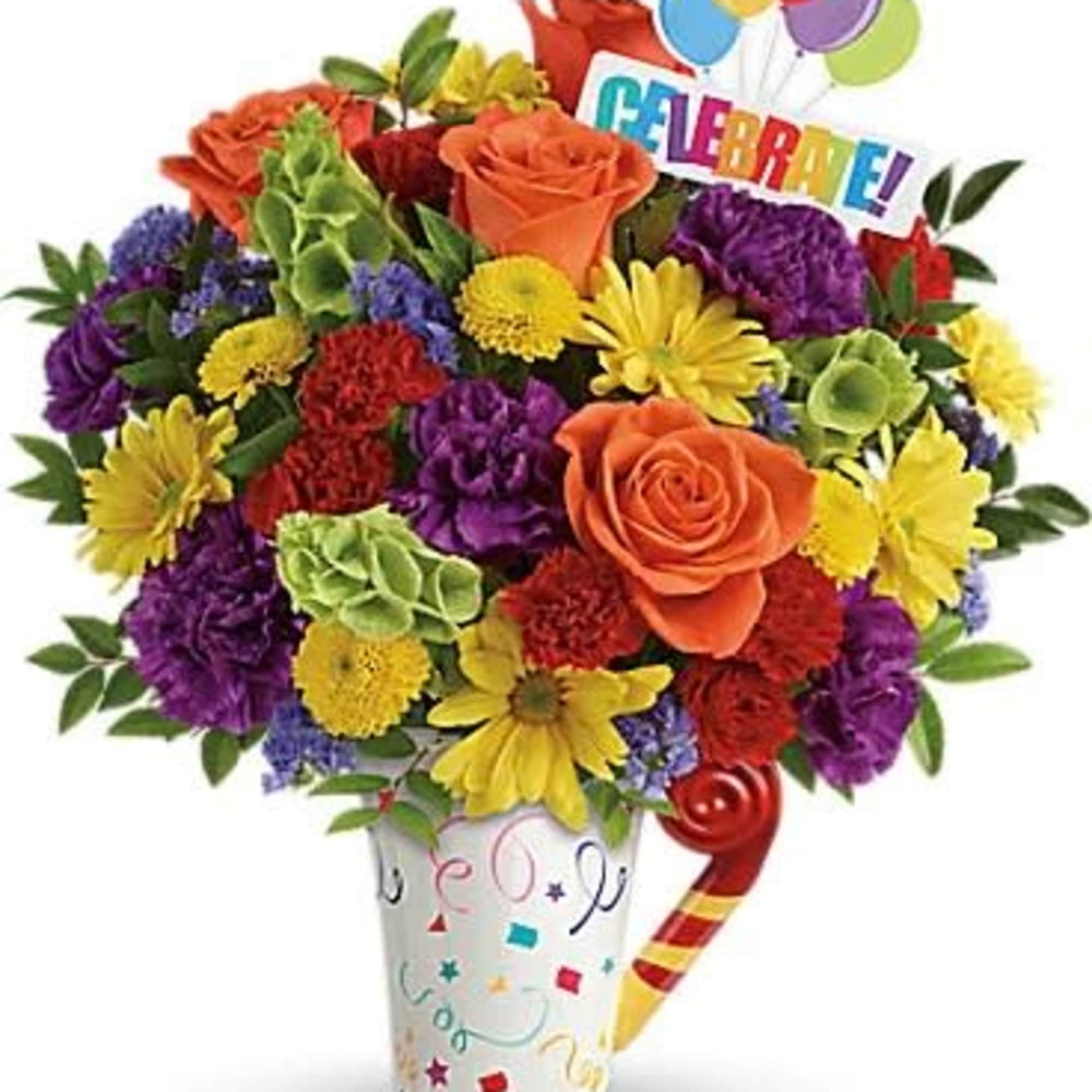 Colorful bouquet in a decorated vase with balloons and a "Celebrate!" sign