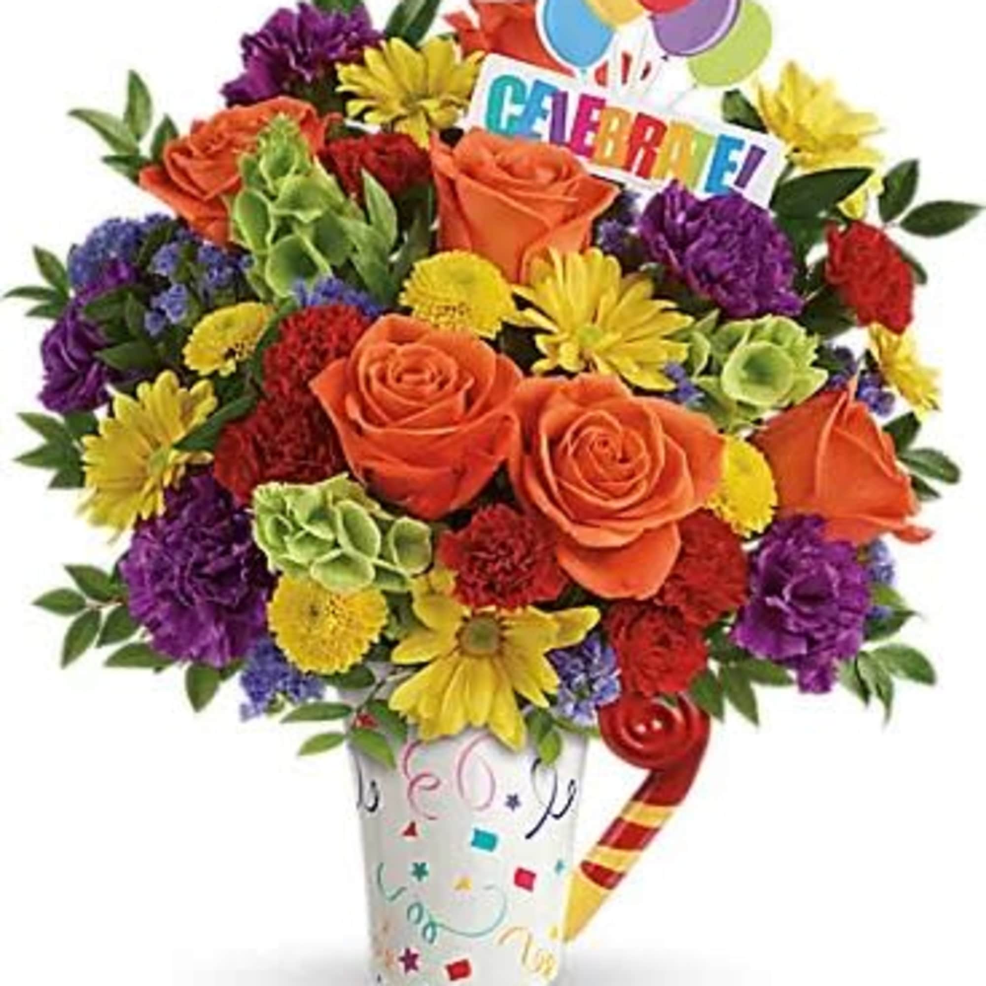 Colorful bouquet in a decorated vase with a birthday sign and balloons