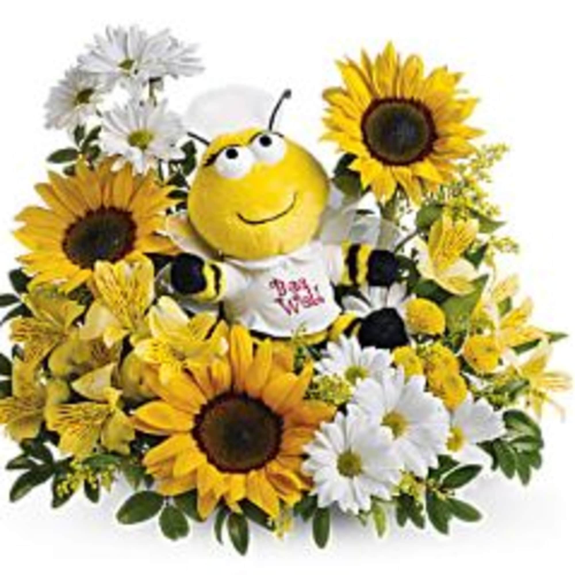 Sunflower and daisy arrangement with a smiling bee plush centerpiece
