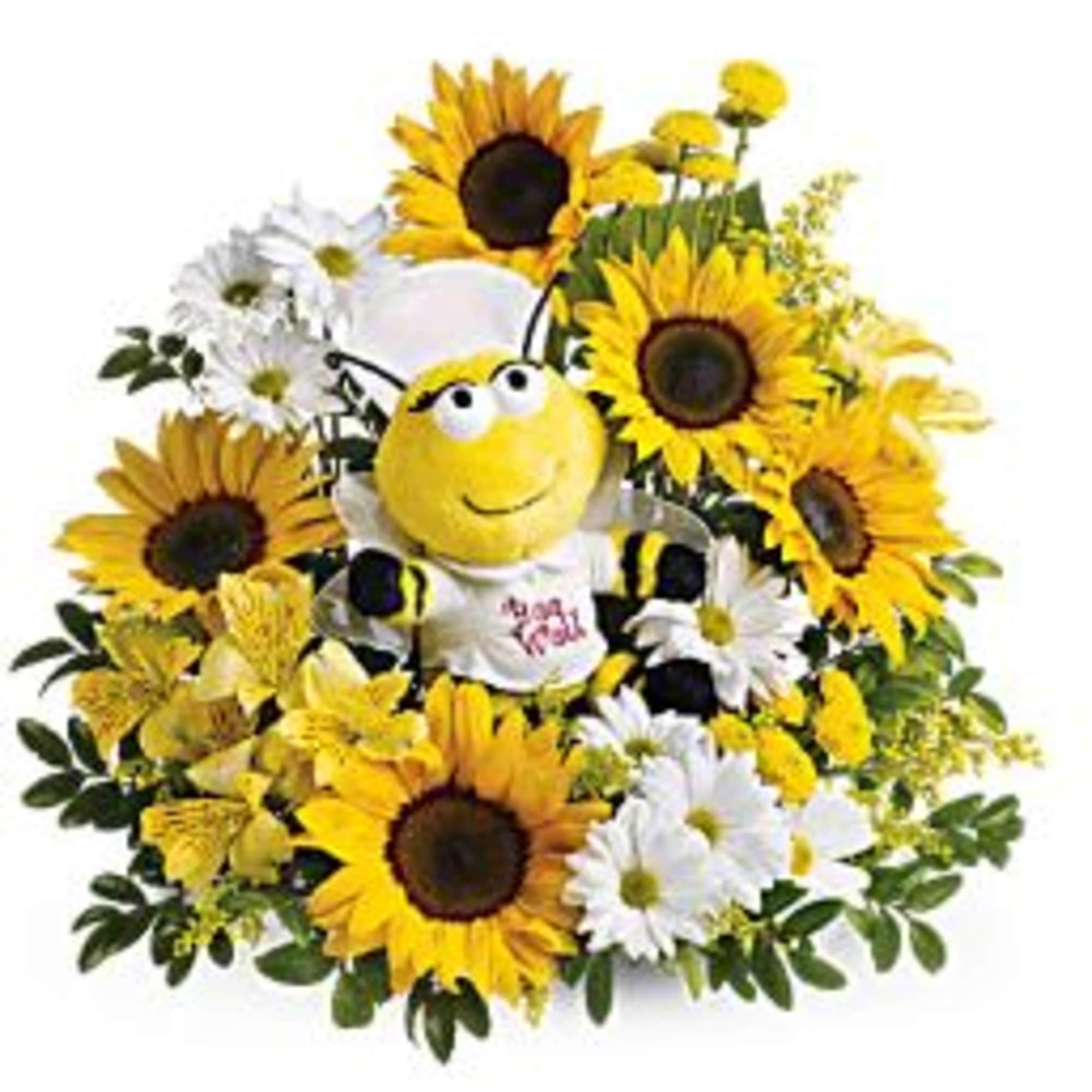 Sunflower and daisy arrangement with a plush bee centerpiece