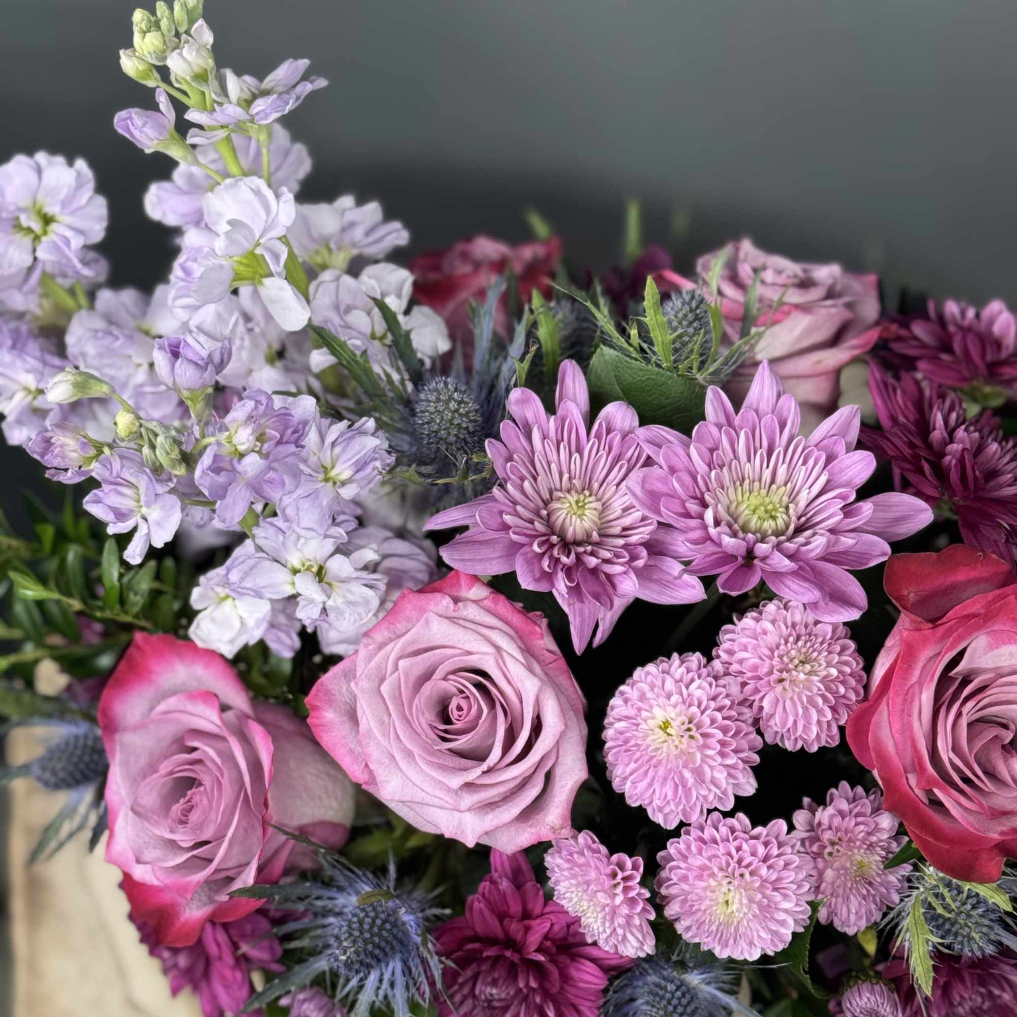 Pink and lavender bouquet with roses and chrysanthemums