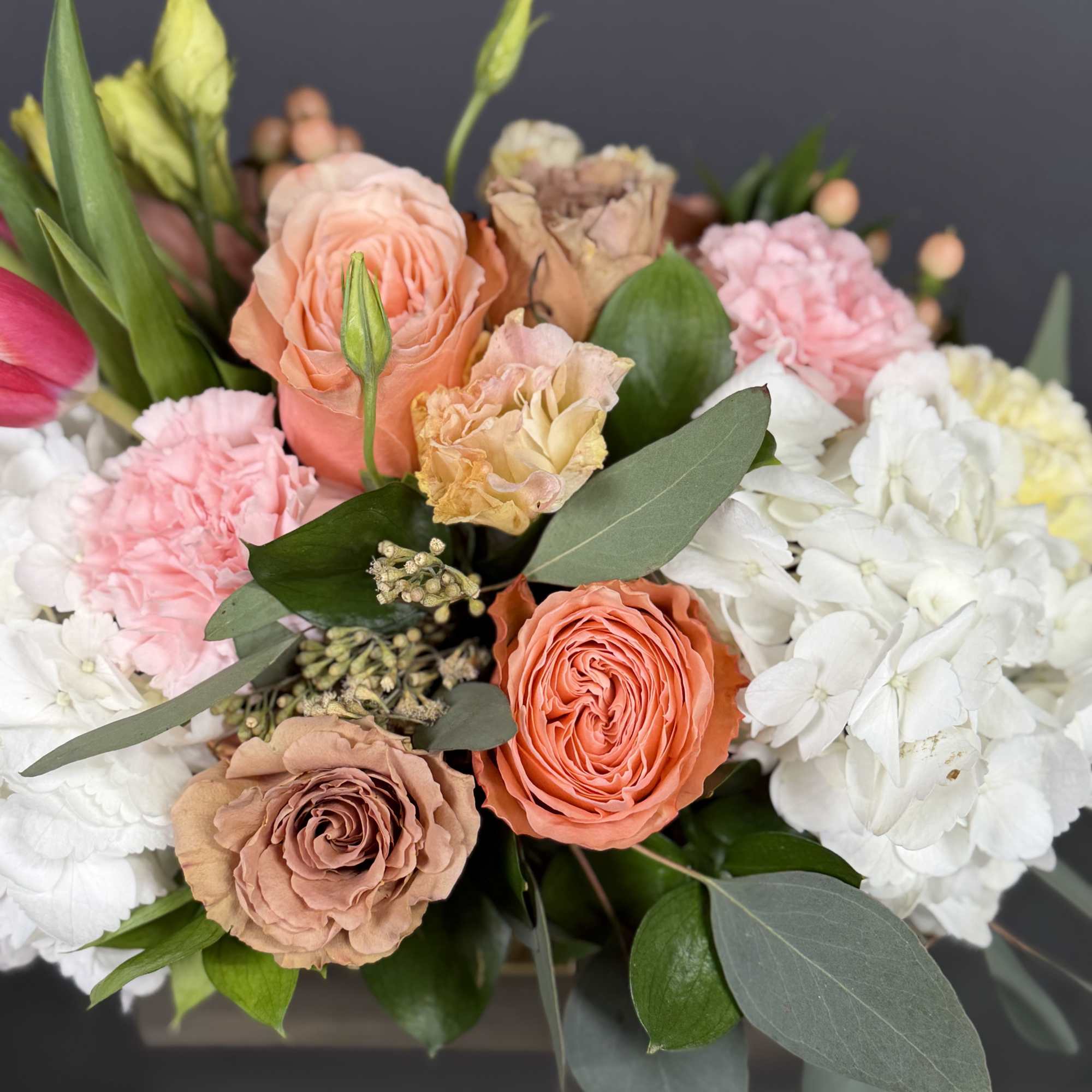 A romantic combination of peach roses, pink tulips, and delicate textures, designed, photo 2 of 4