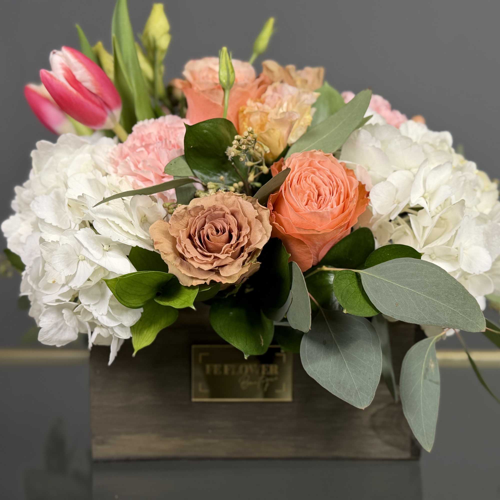 A romantic combination of peach roses, pink tulips, and delicate textures, designed, photo 4 of 4
