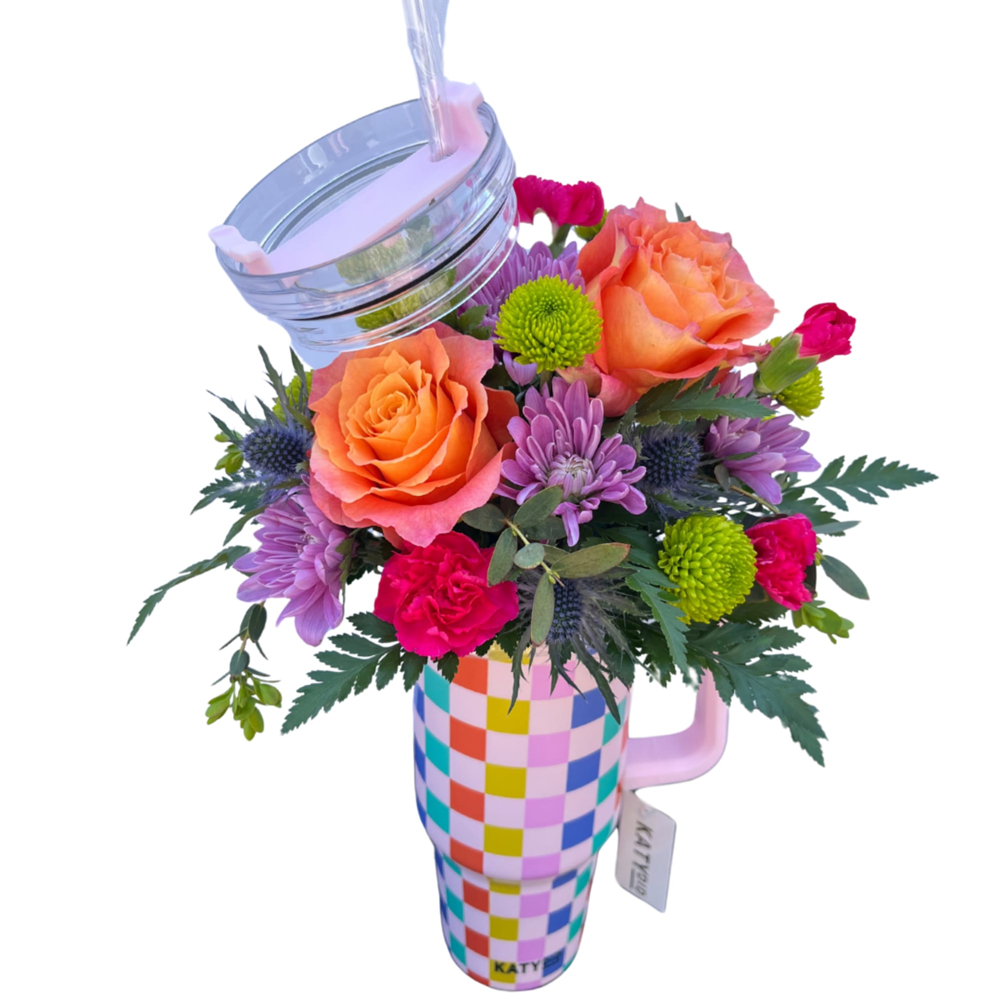 Tumbler featuring color coordinating flowers including roses, carnations, cushions, and thistle. Flowers