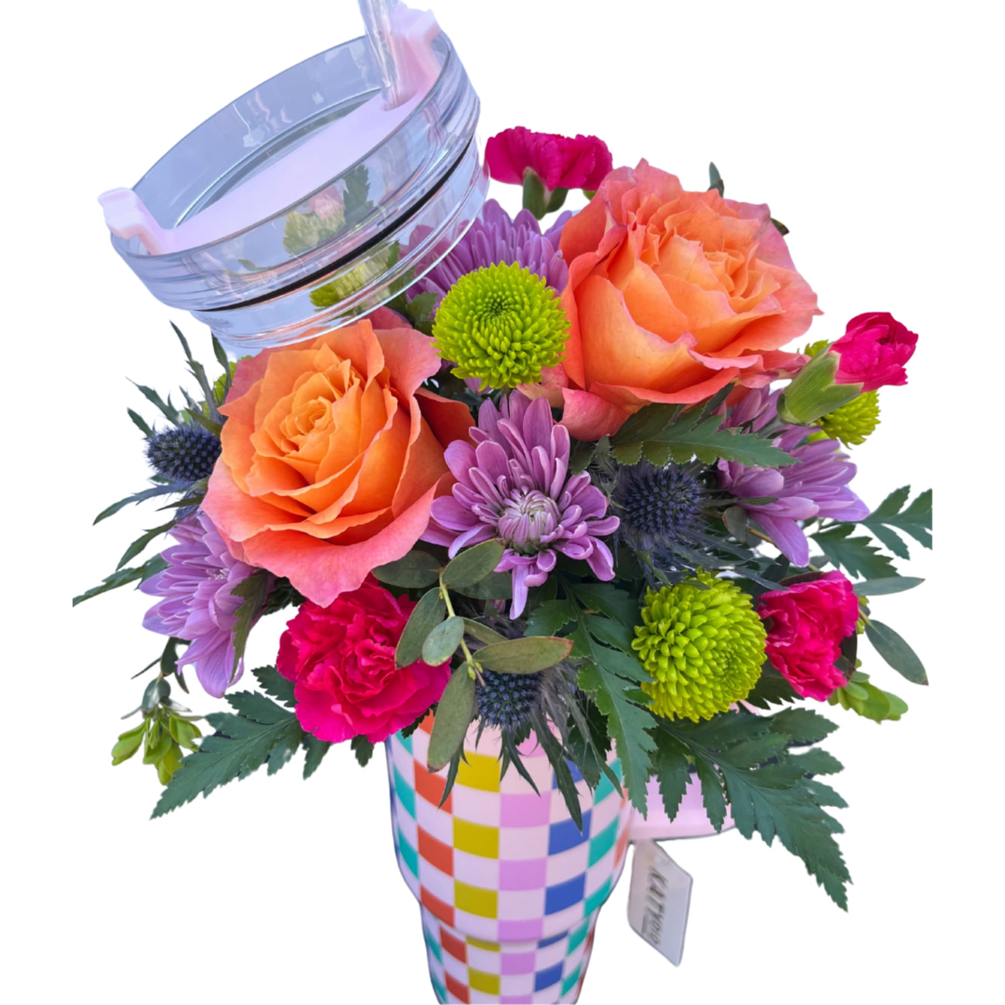 Tumbler featuring color coordinating flowers including roses, carnations, cushions, and thistle. Flowers, photo 2 of 3