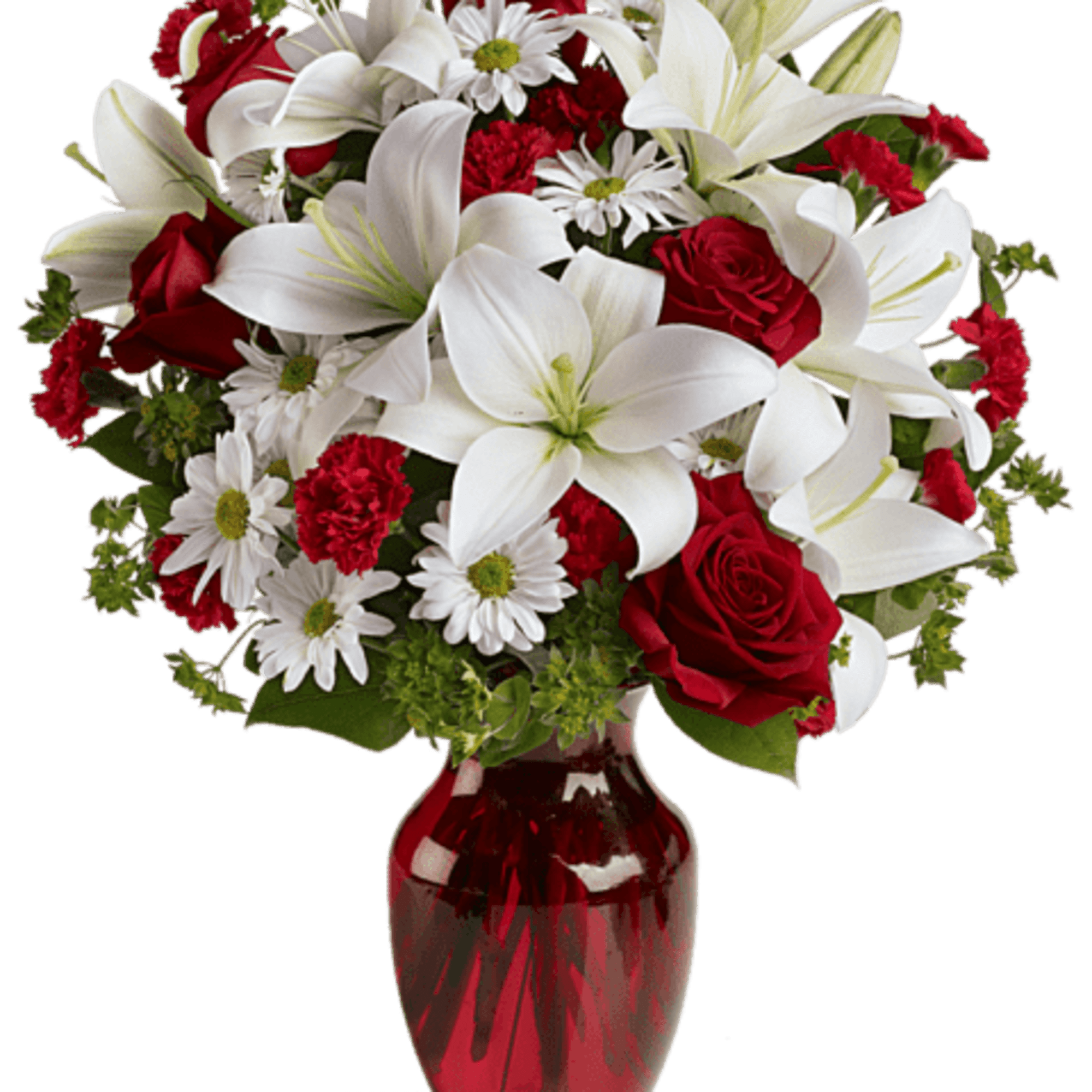 Red roses and white lilies in a red glass vase
