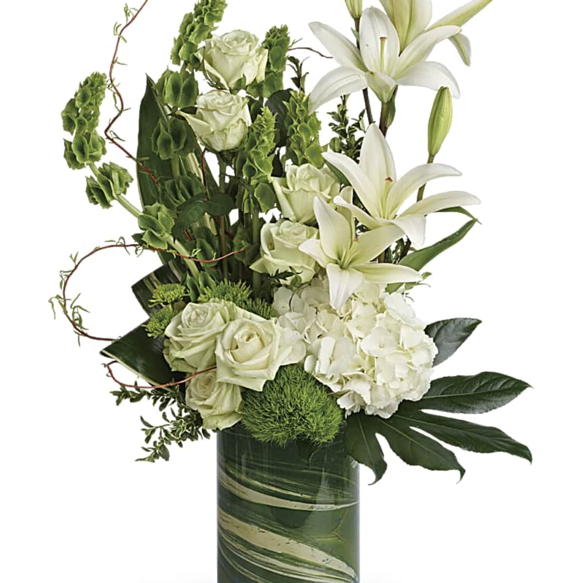 White lilies and roses arranged in a green glass vase, photo 3 of 3