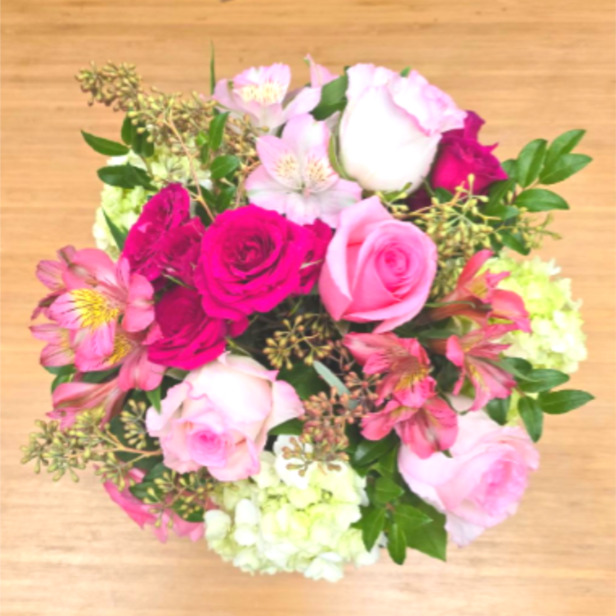 SHADES OF PINK ARRANGEMENT IN CERAMIC CONTAINER BY TWIN TOWERS FLORIST, photo 3 of 3