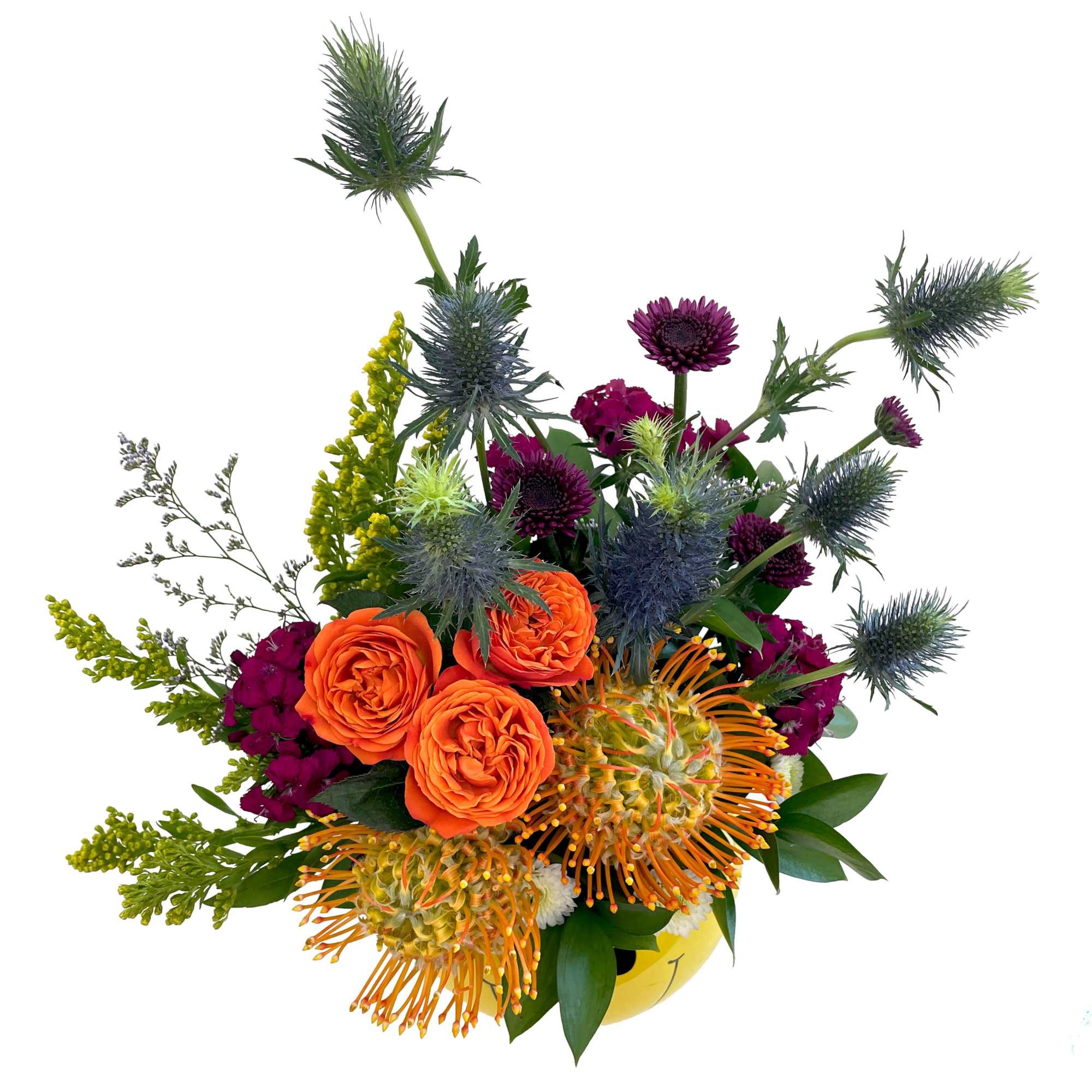 Bright mixed bouquet with orange roses and spiky blue thistles