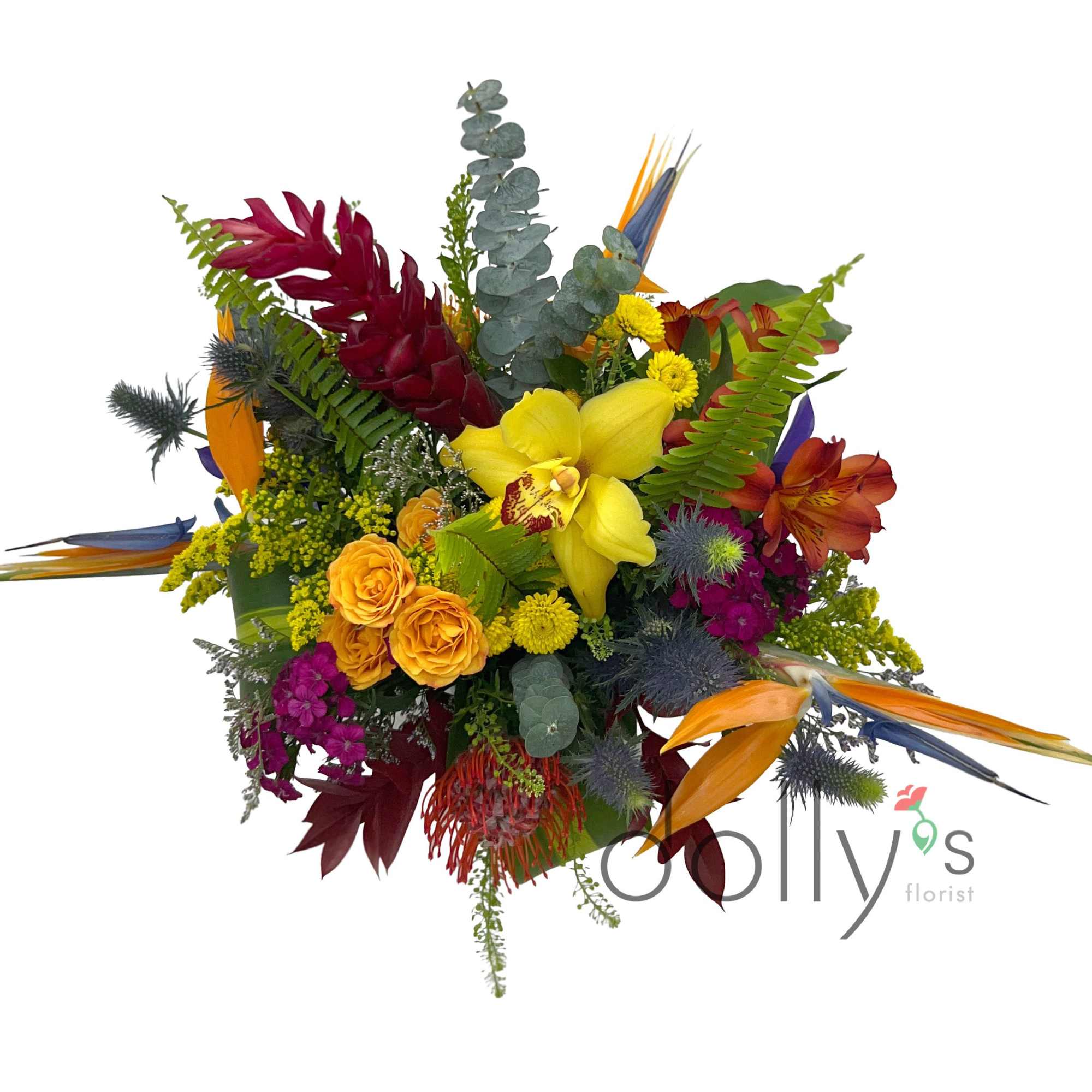 Tropical bouquet with yellow orchid, orange lilies, and burgundy blooms