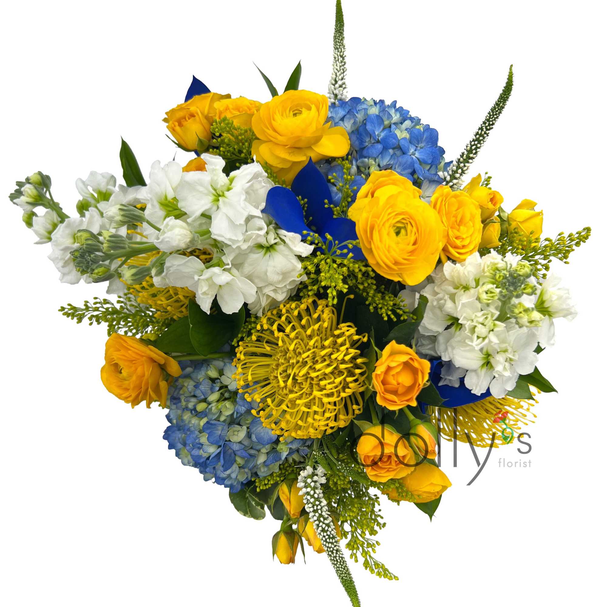 Bouquet of yellow roses, blue hydrangeas, and white flowers