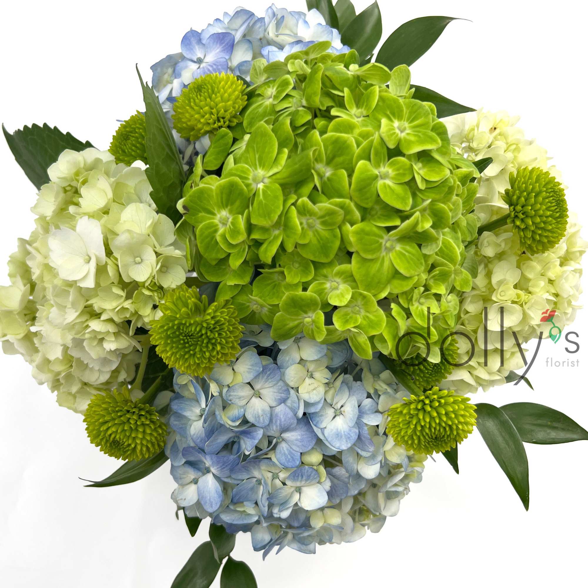 Bouquet of blue, green, and white hydrangeas with green button mums