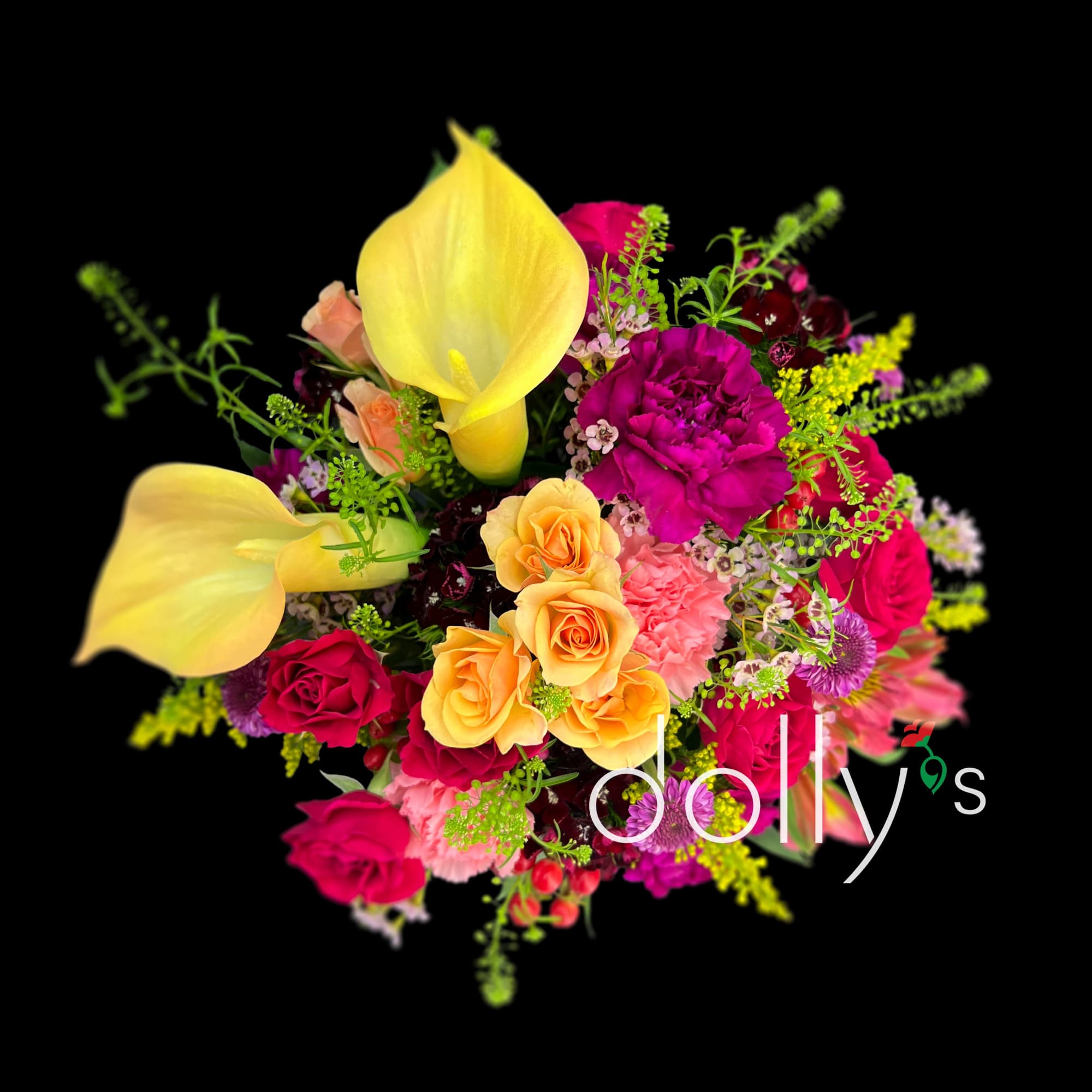 Vivid yellow calla lilies arch above a lush mix of roses and, photo 3 of 3