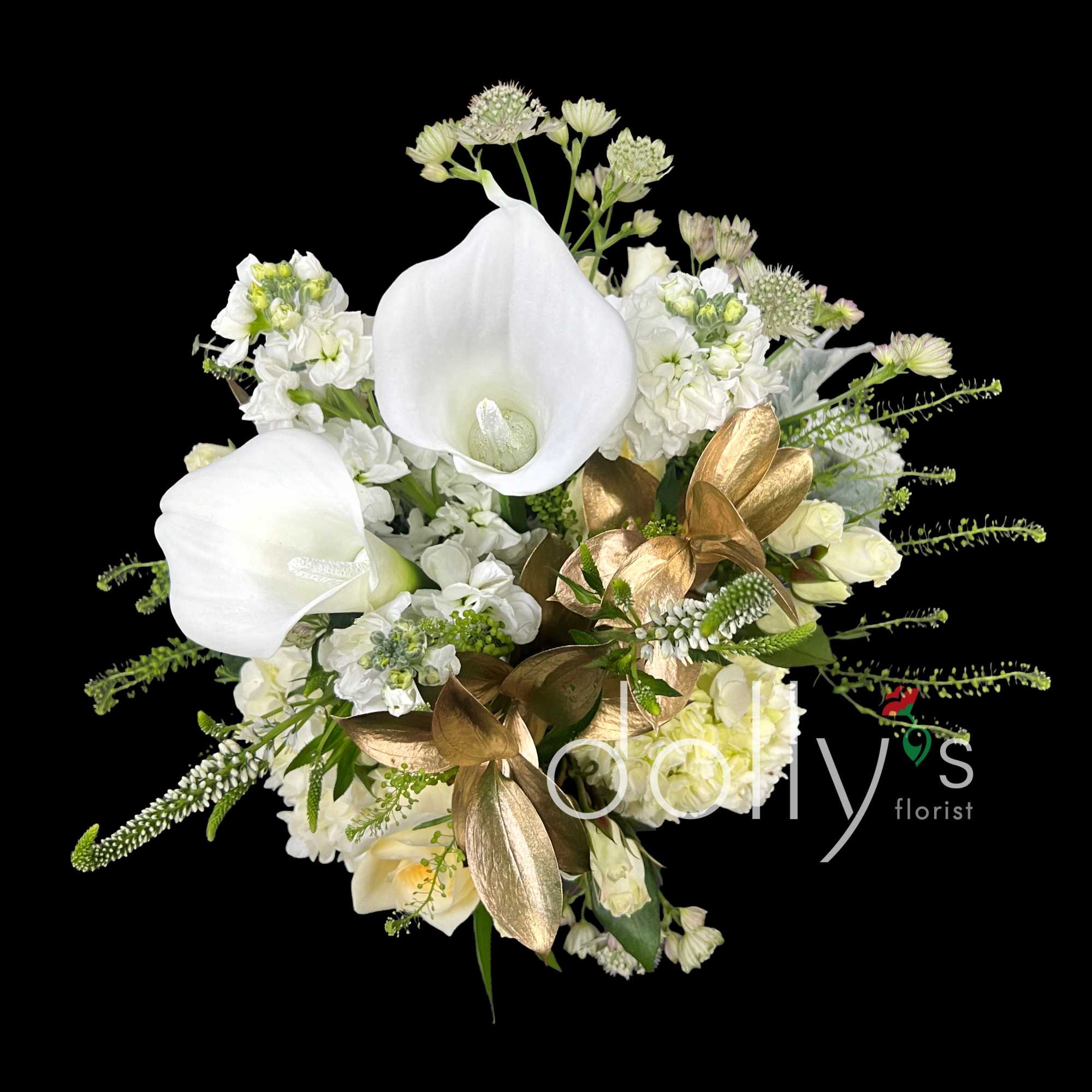 Composed of a bright white palette of calla lilies, hydrangeas, and spray, photo 2 of 3