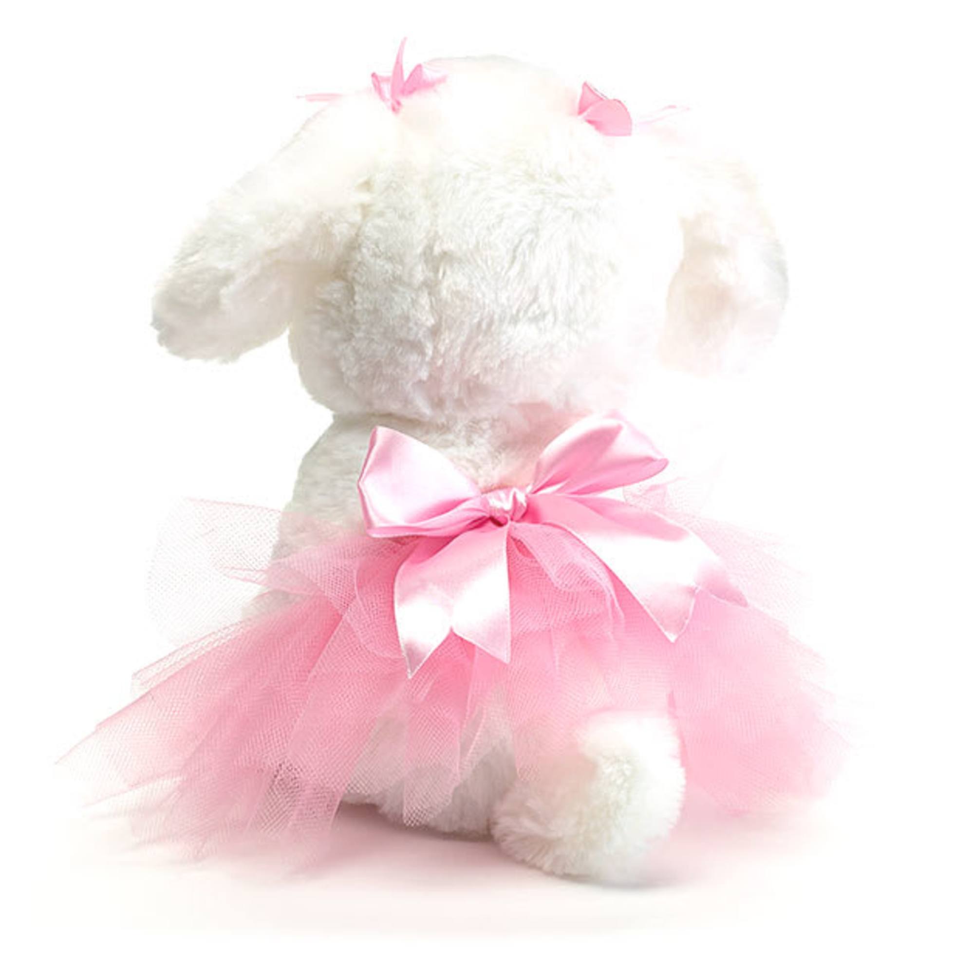 White plush bunny wearing a pink tulle dress and bow
