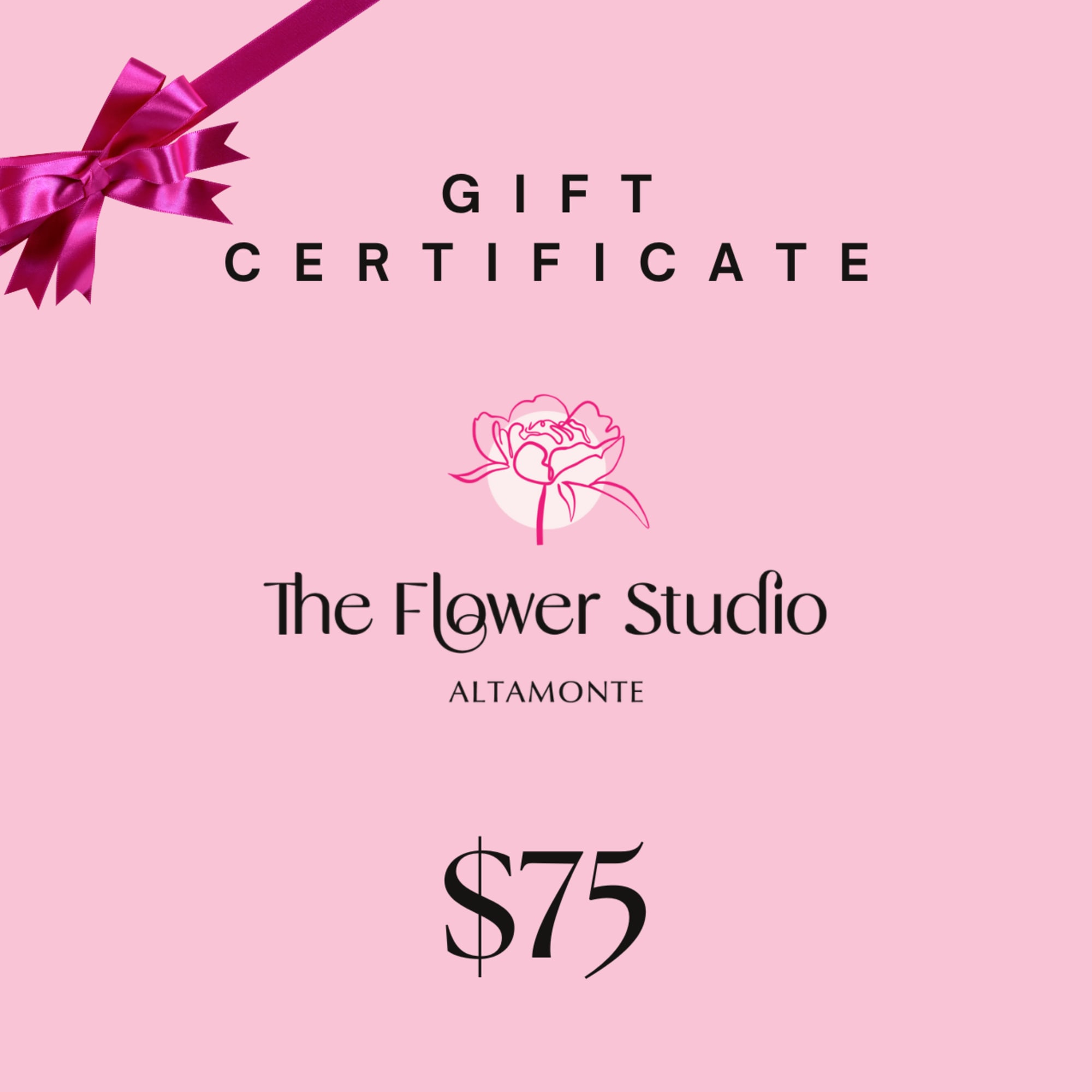 Pink gift certificate with a ribbon and The Flower Studio logo