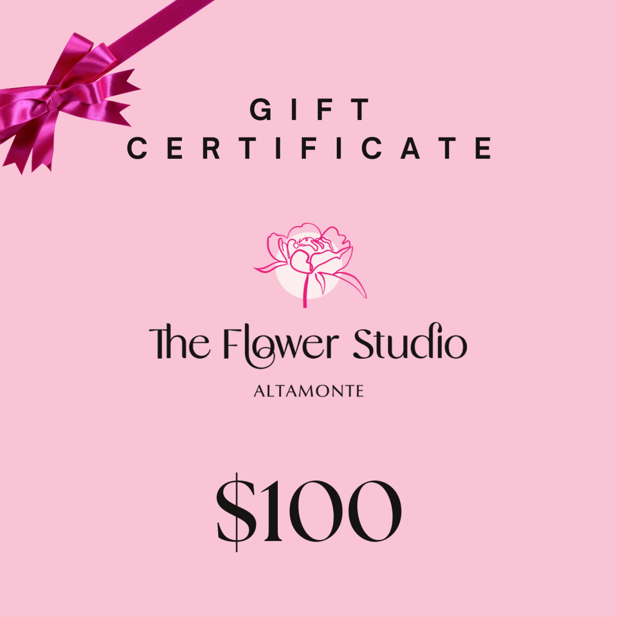 Pink gift certificate with a ribbon bow and The Flower Studio logo