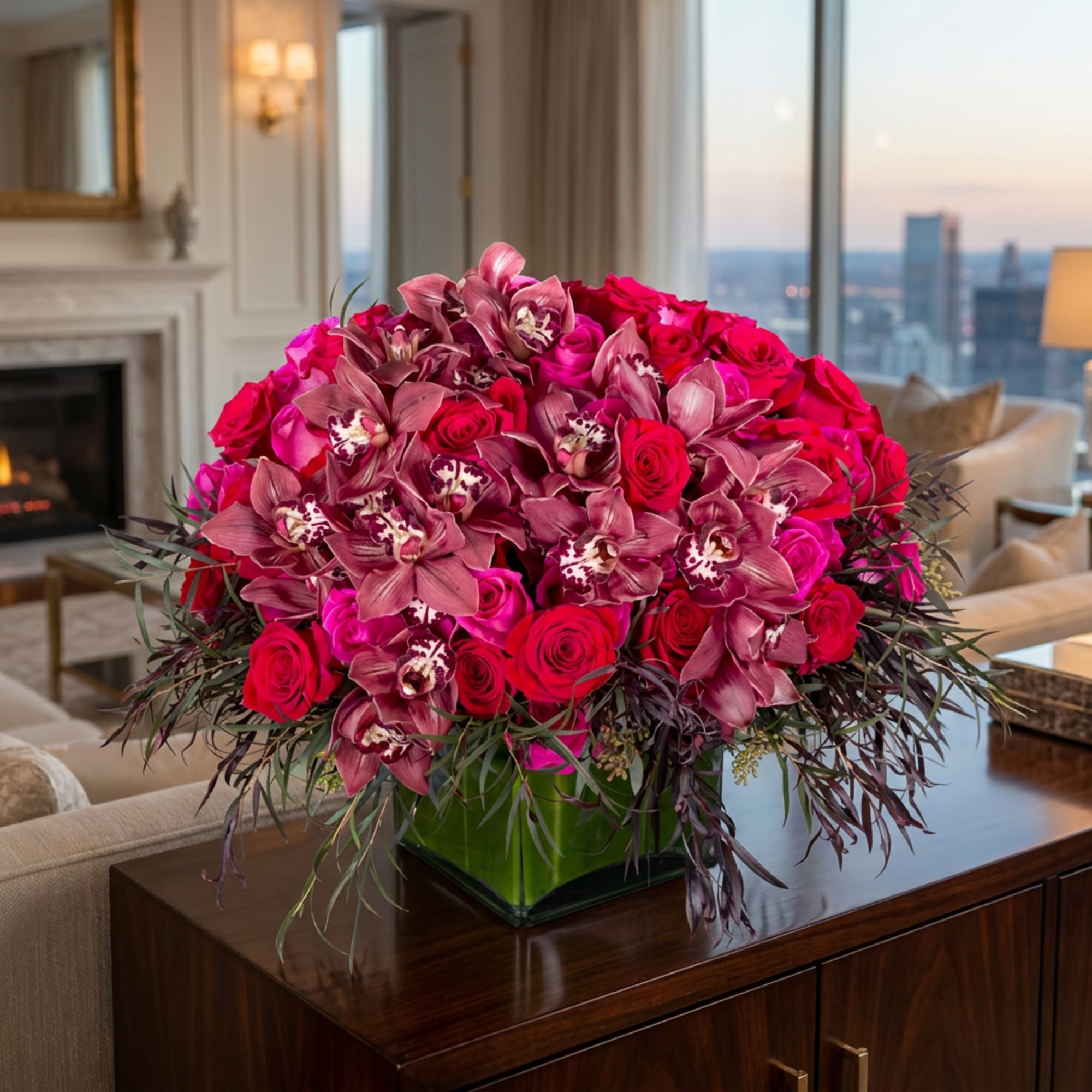Pink roses and orchids arranged in a square glass vase, photo 2 of 2