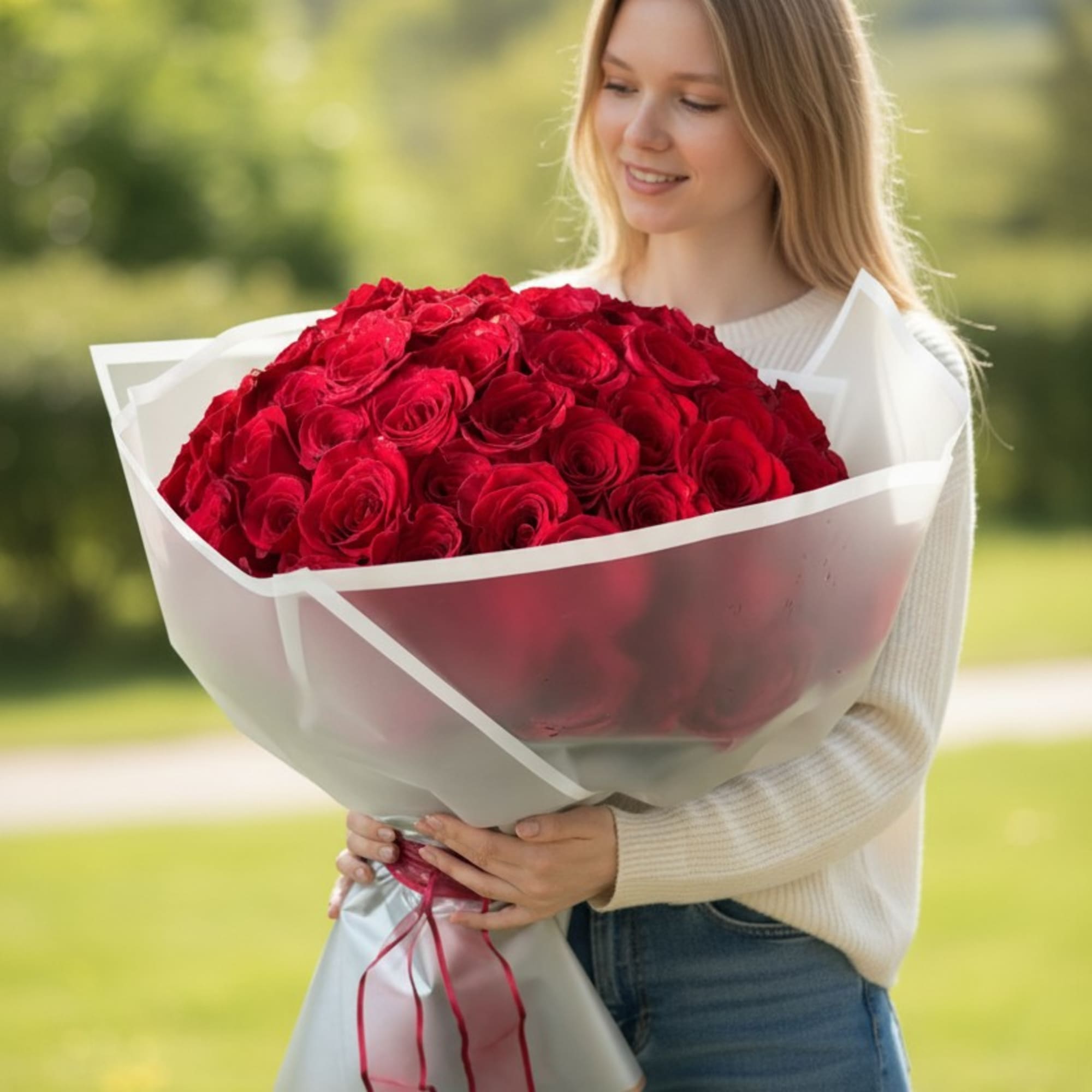 Woman holding a large bouquet of red roses wrapped in white paper