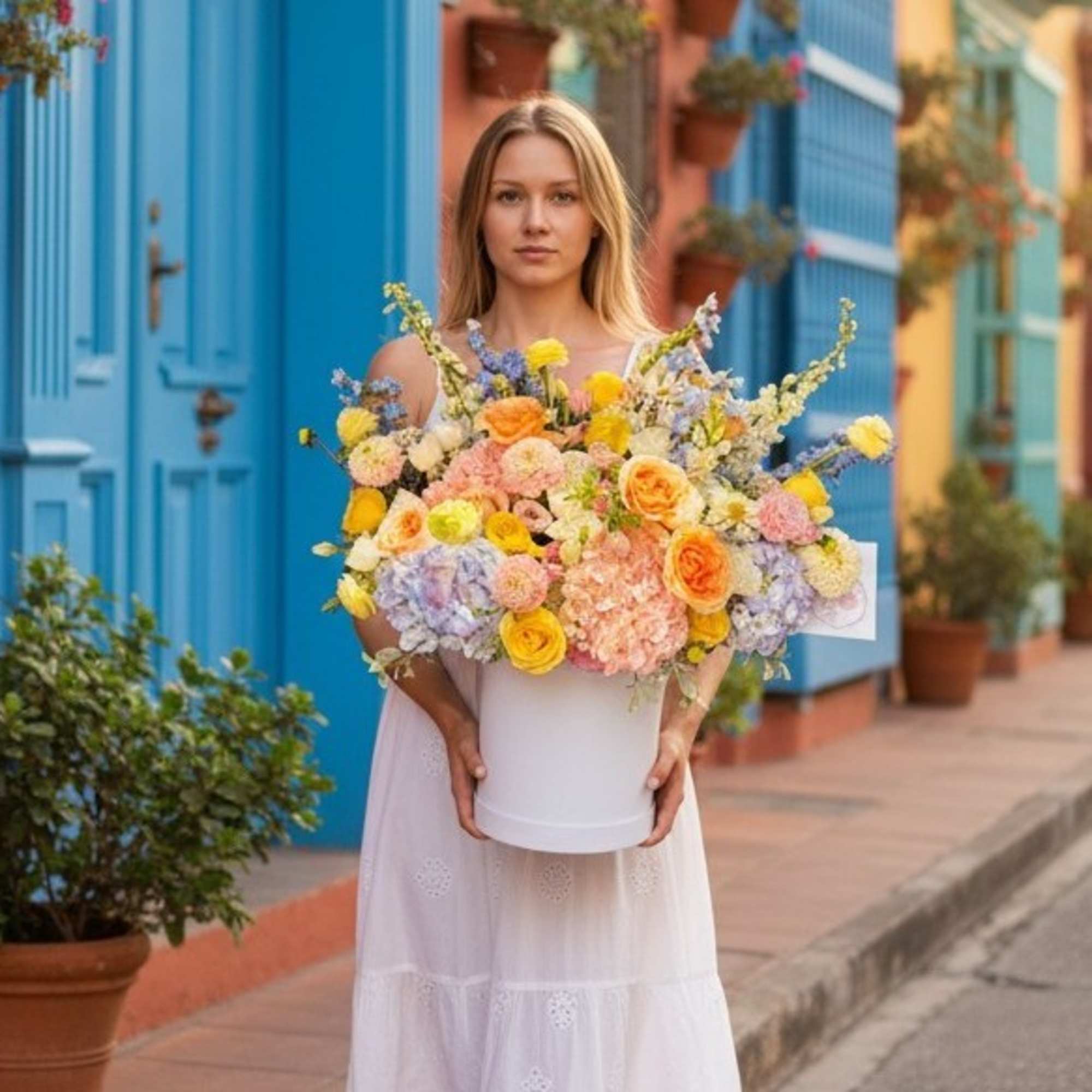 Woman holding a large pastel flower arrangement in a white box