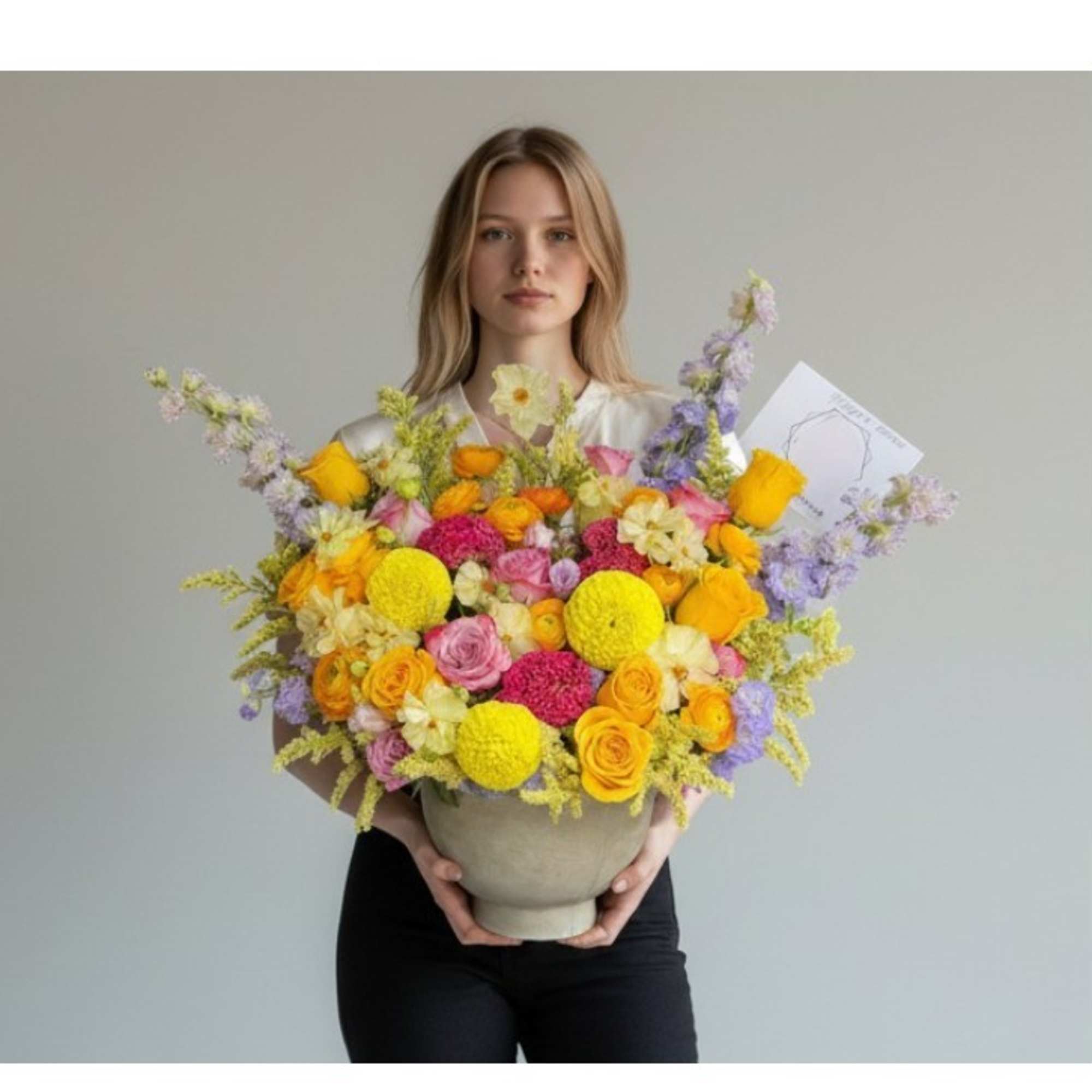 Large mixed bouquet in a gray vase with yellow, pink, and lavender flowers