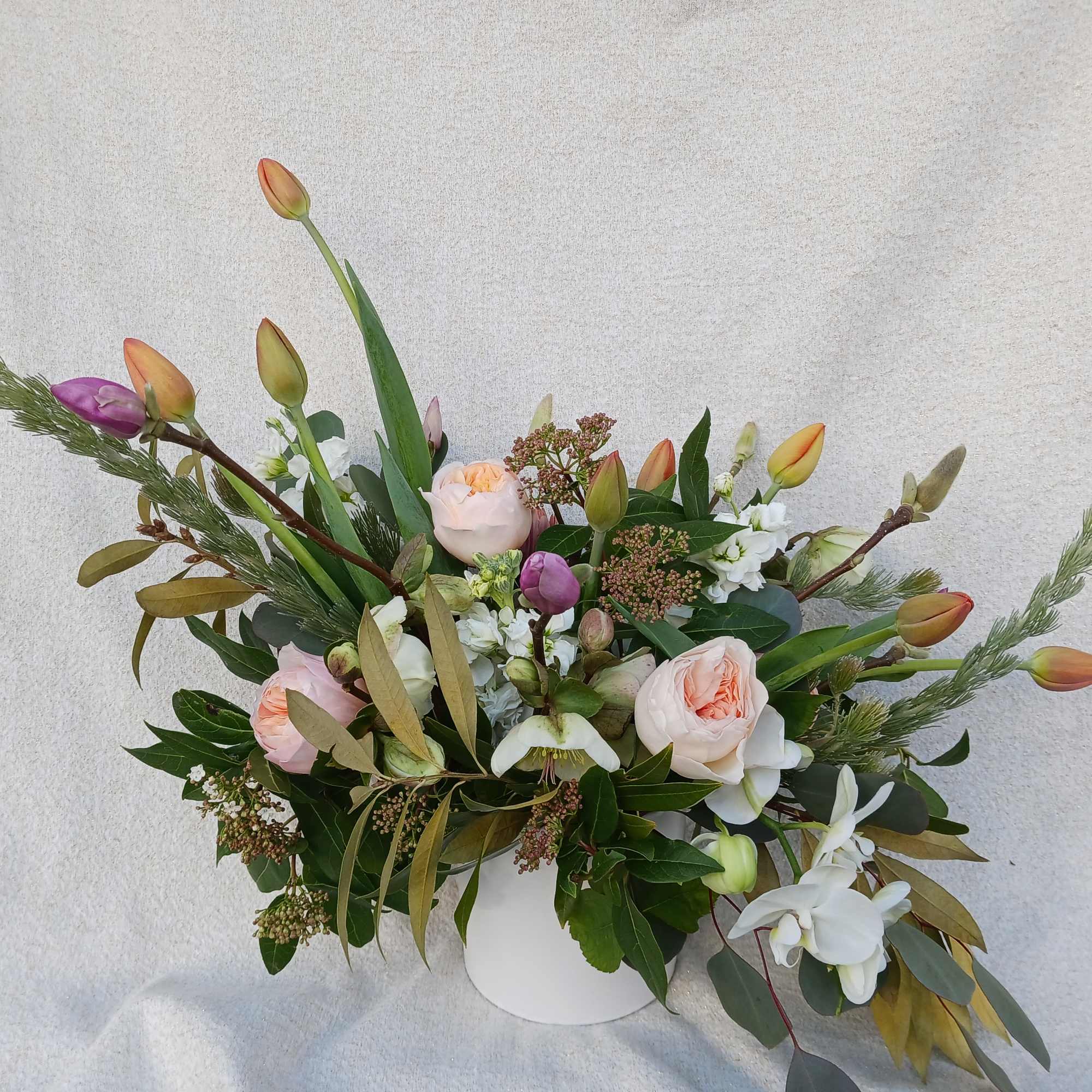 Wide peach rose and tulip arrangement with white orchids and stock in a white vase