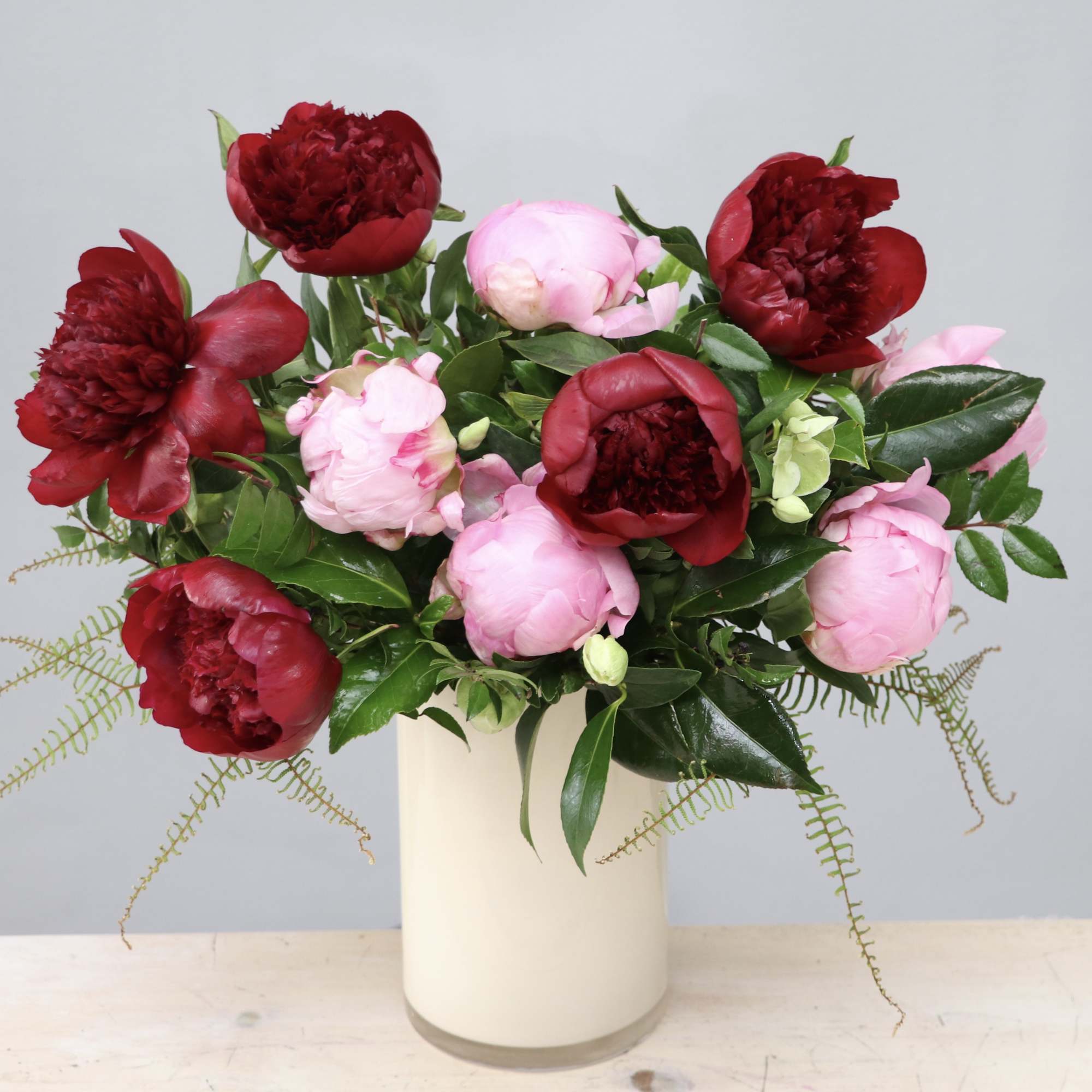 Arrangement of red and pink peonies in a tall cream vase