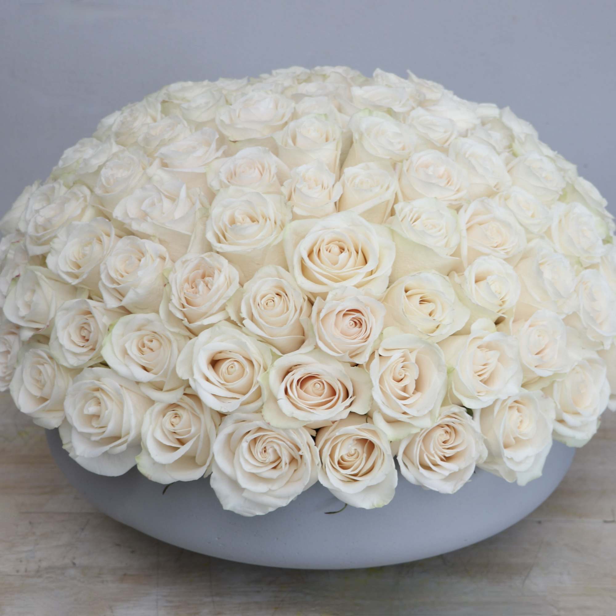 Low round arrangement of tightly clustered ivory roses in a shallow gray bowl