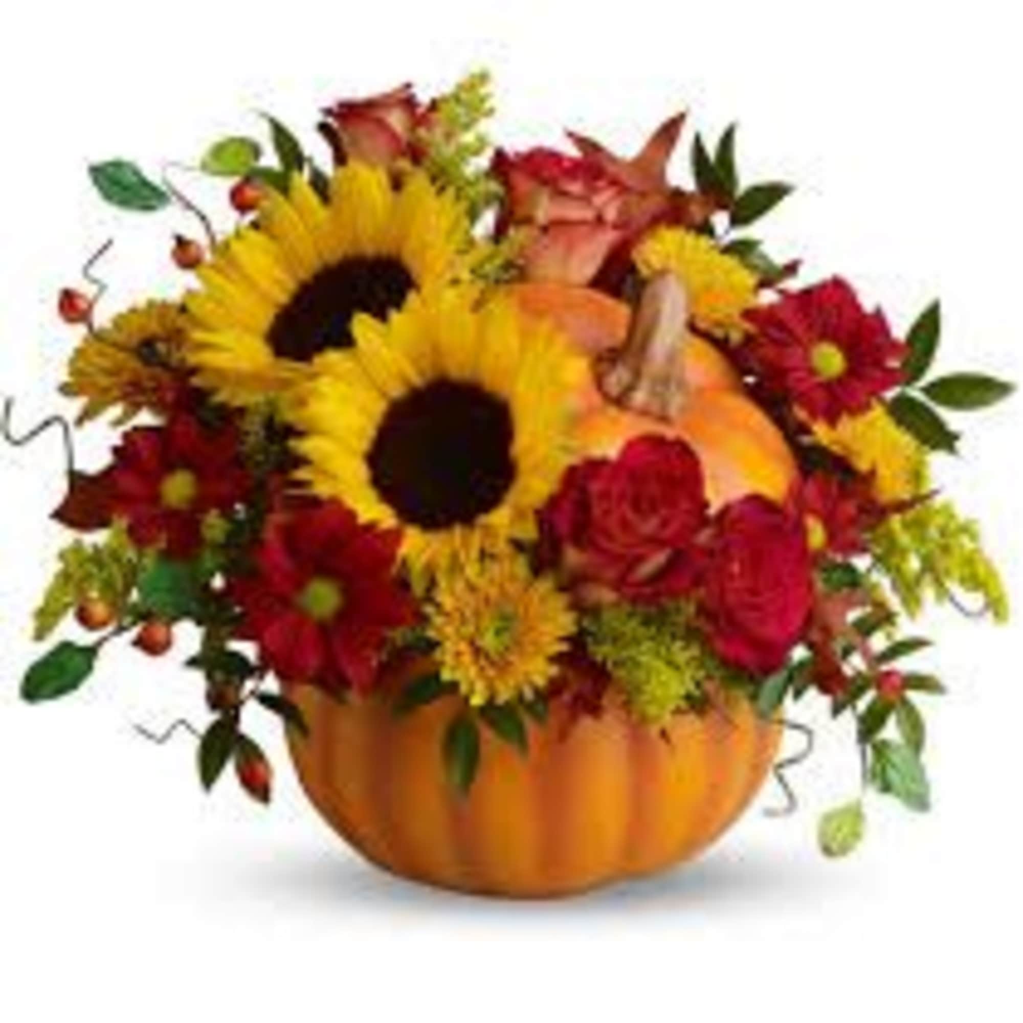This cheerful autumn arrangement in an orange or white pumpkin is perfect, photo 2 of 2