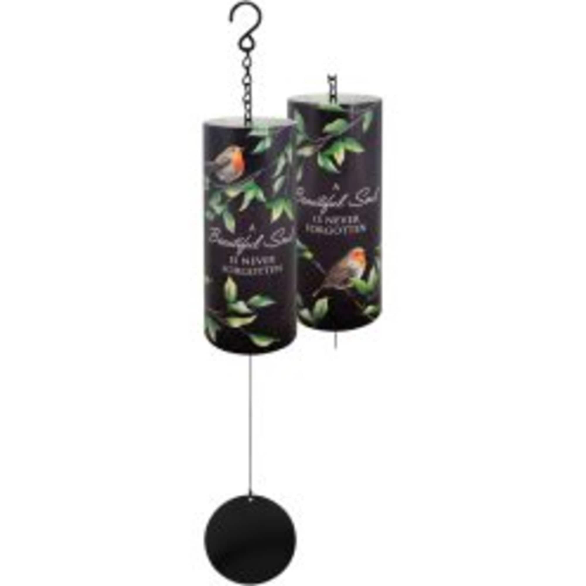 Two hanging cylindrical bird feeders with bird illustrations