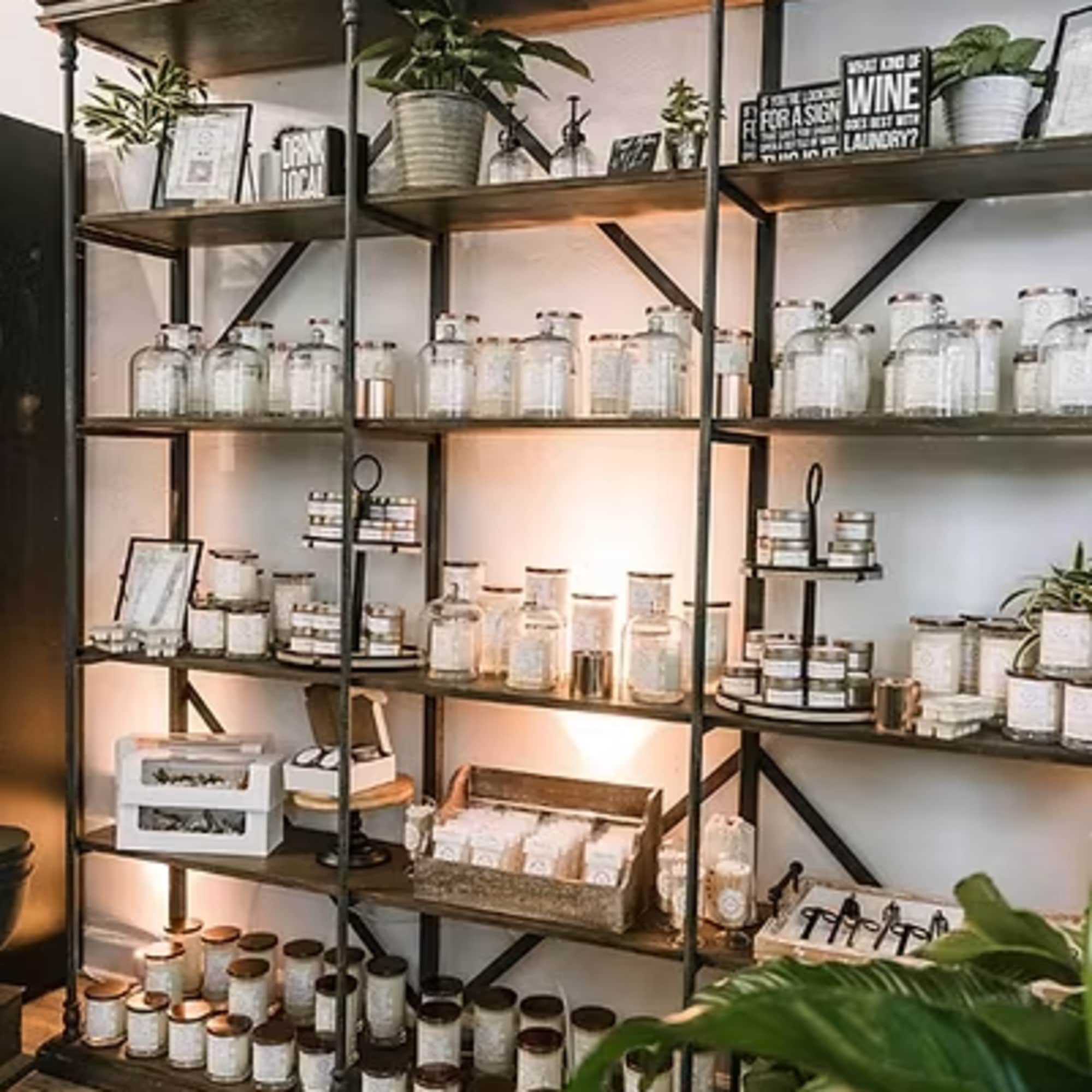 Shelving unit with candles, jars, and potted plants