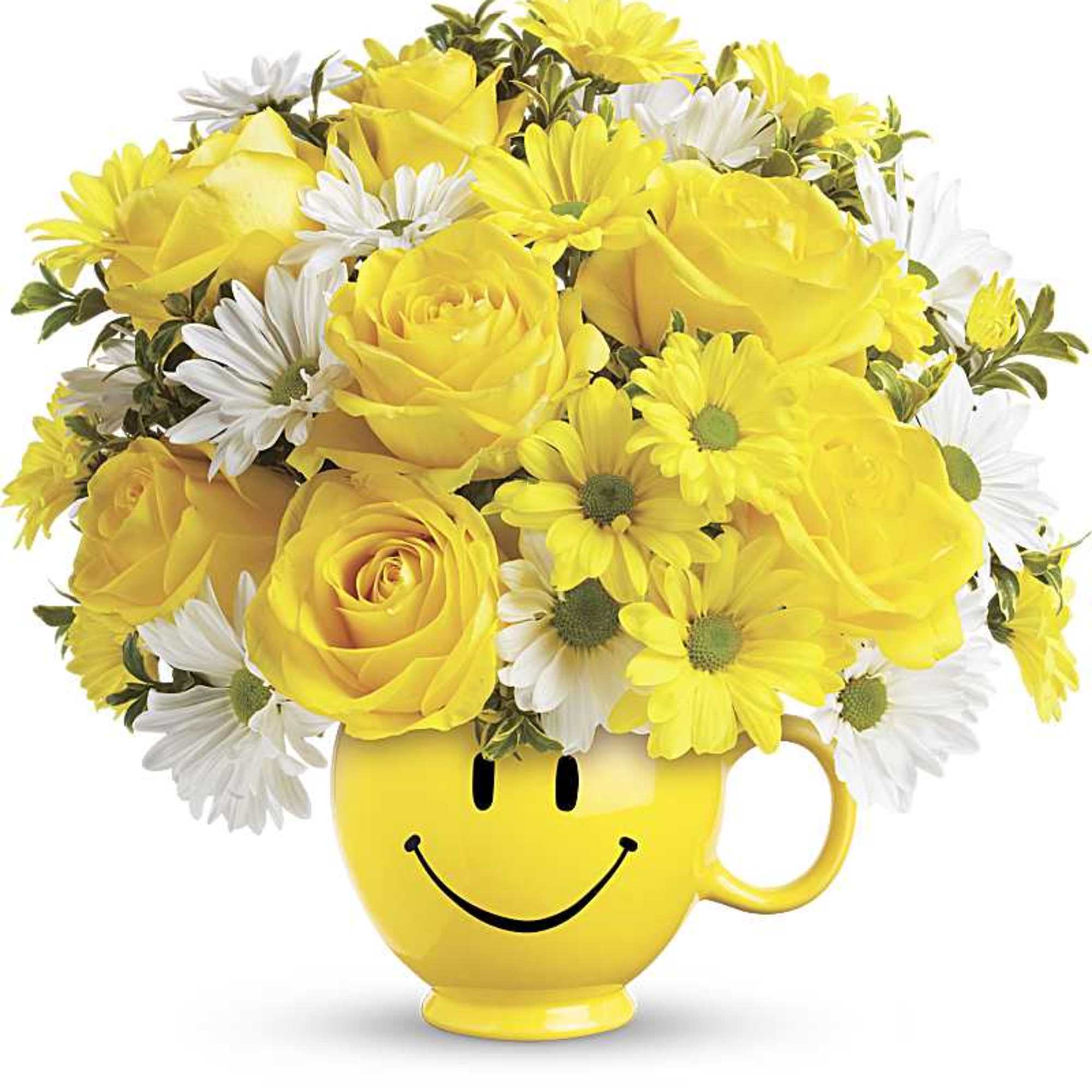 Compact bouquet of yellow roses and daisies in a yellow smiley-face mug