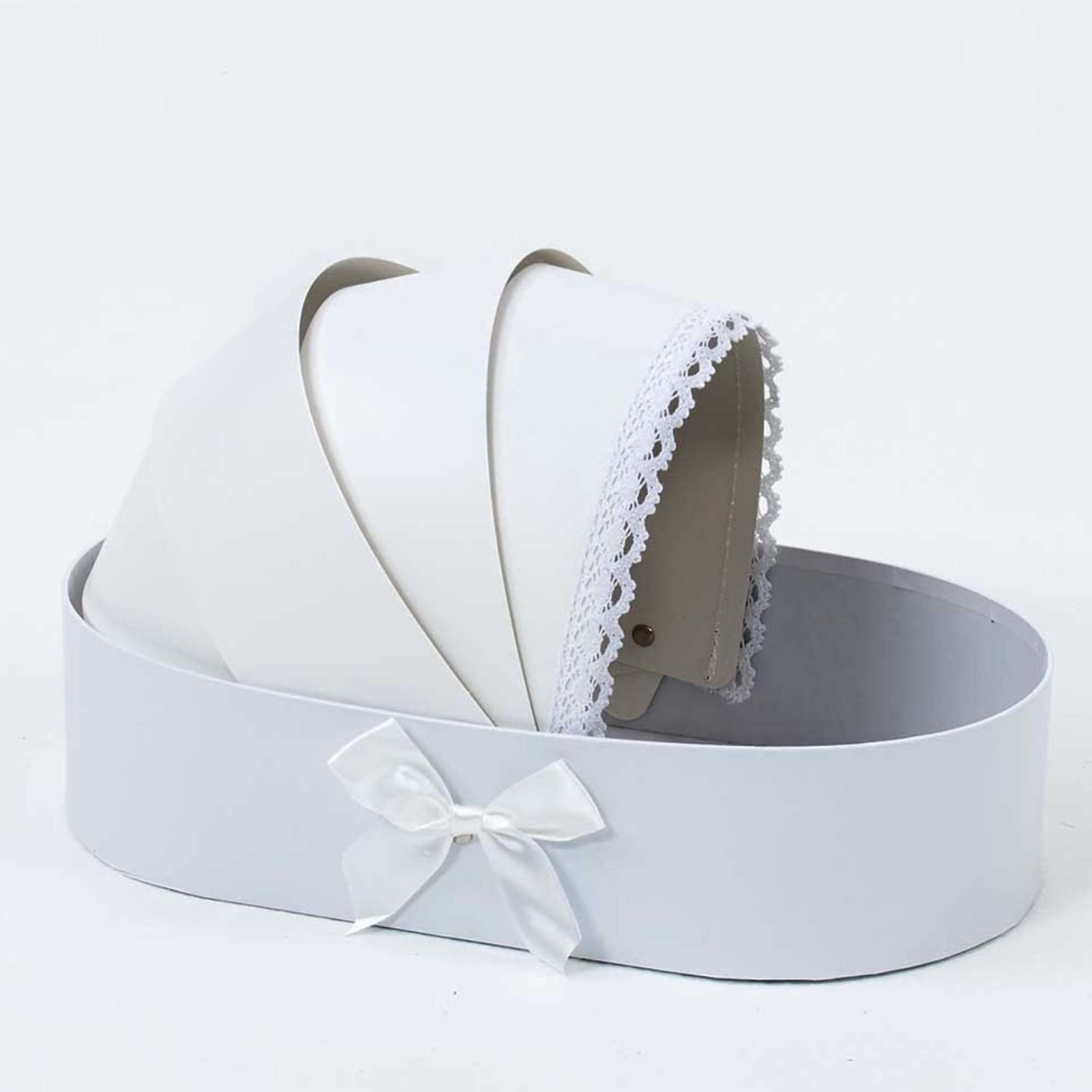 White oval hatbox with a ribbon bow and lace-trimmed insert