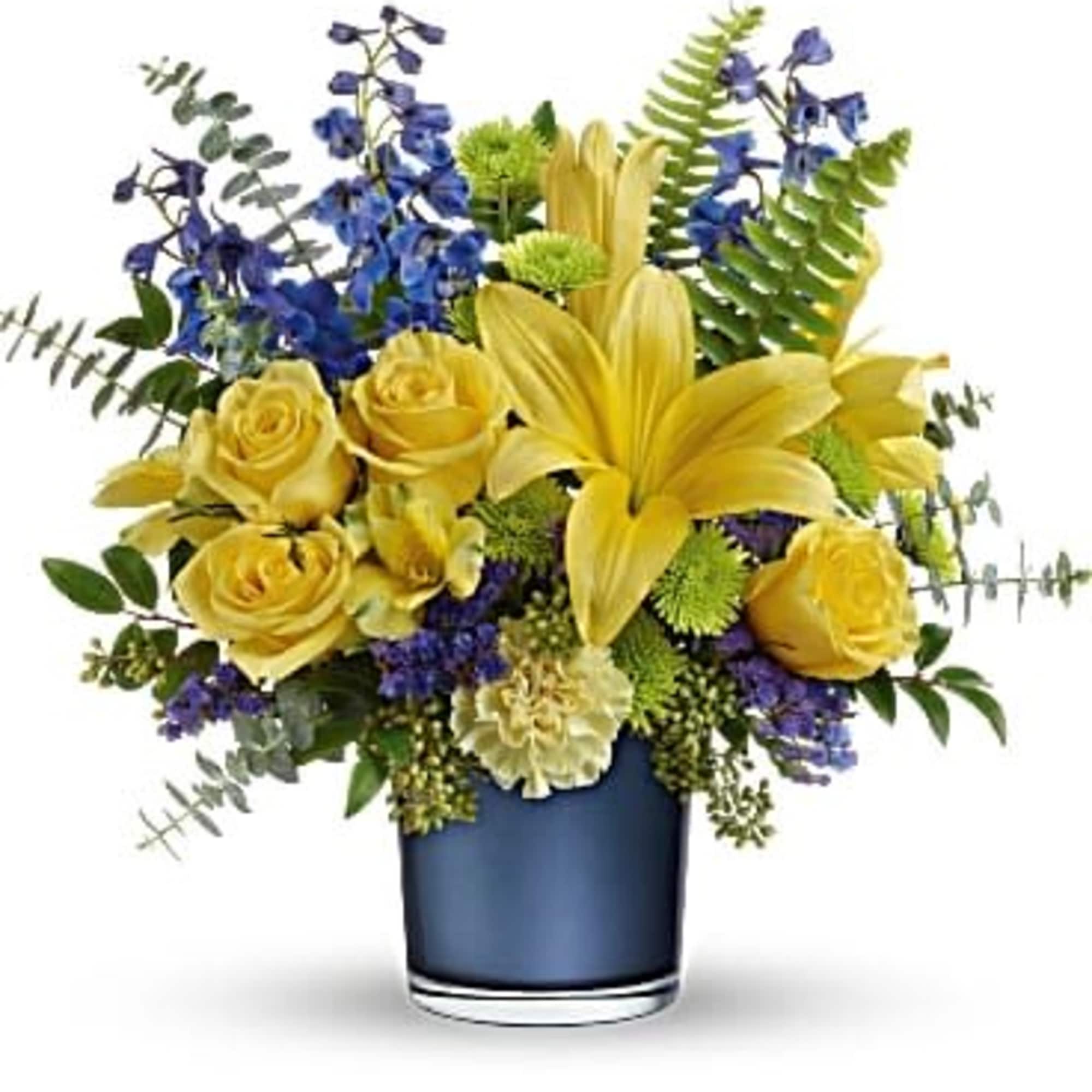 Bright yellow lilies and roses burst against tall sapphire-blue delphinium in this
