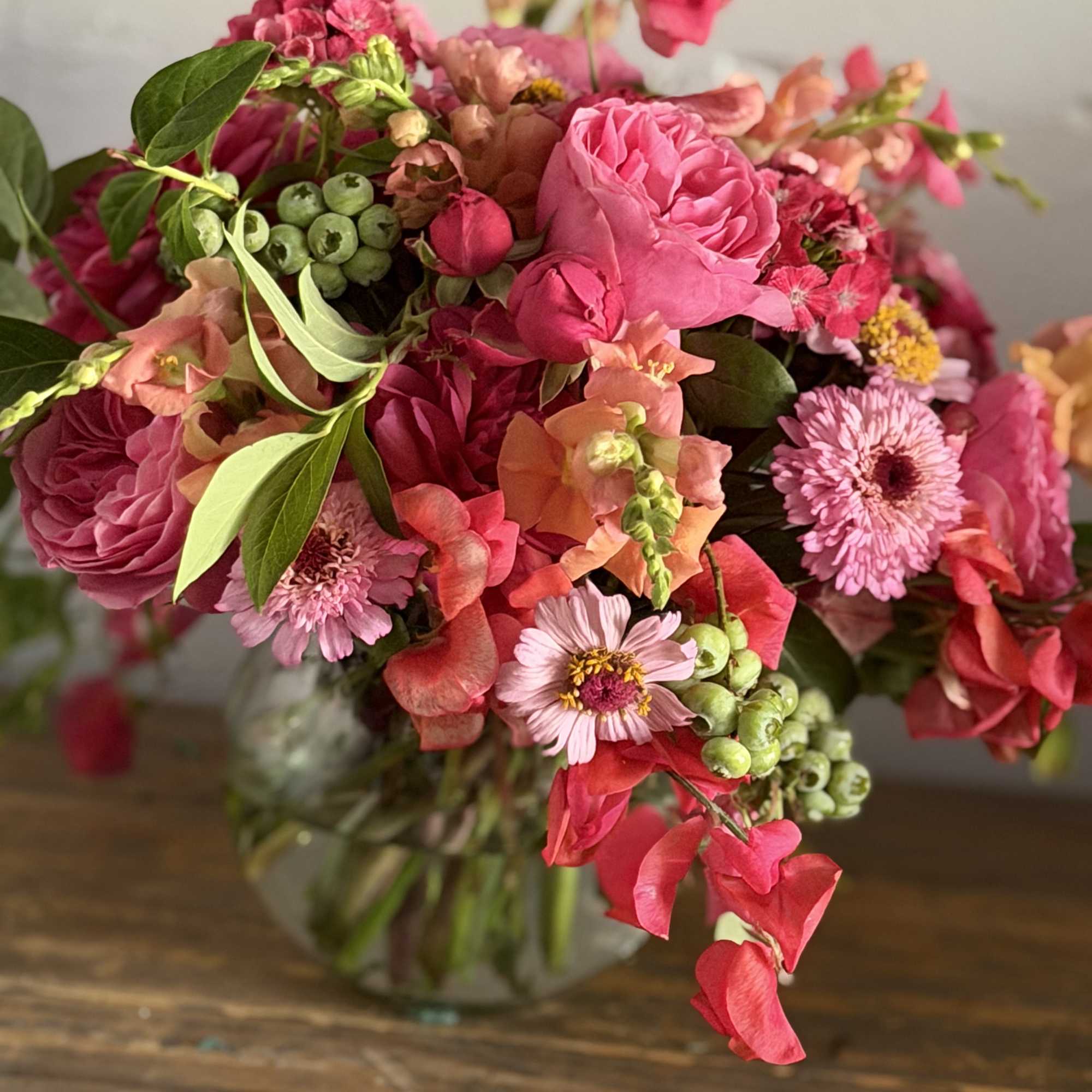 Pink mixed bouquet in a glass vase