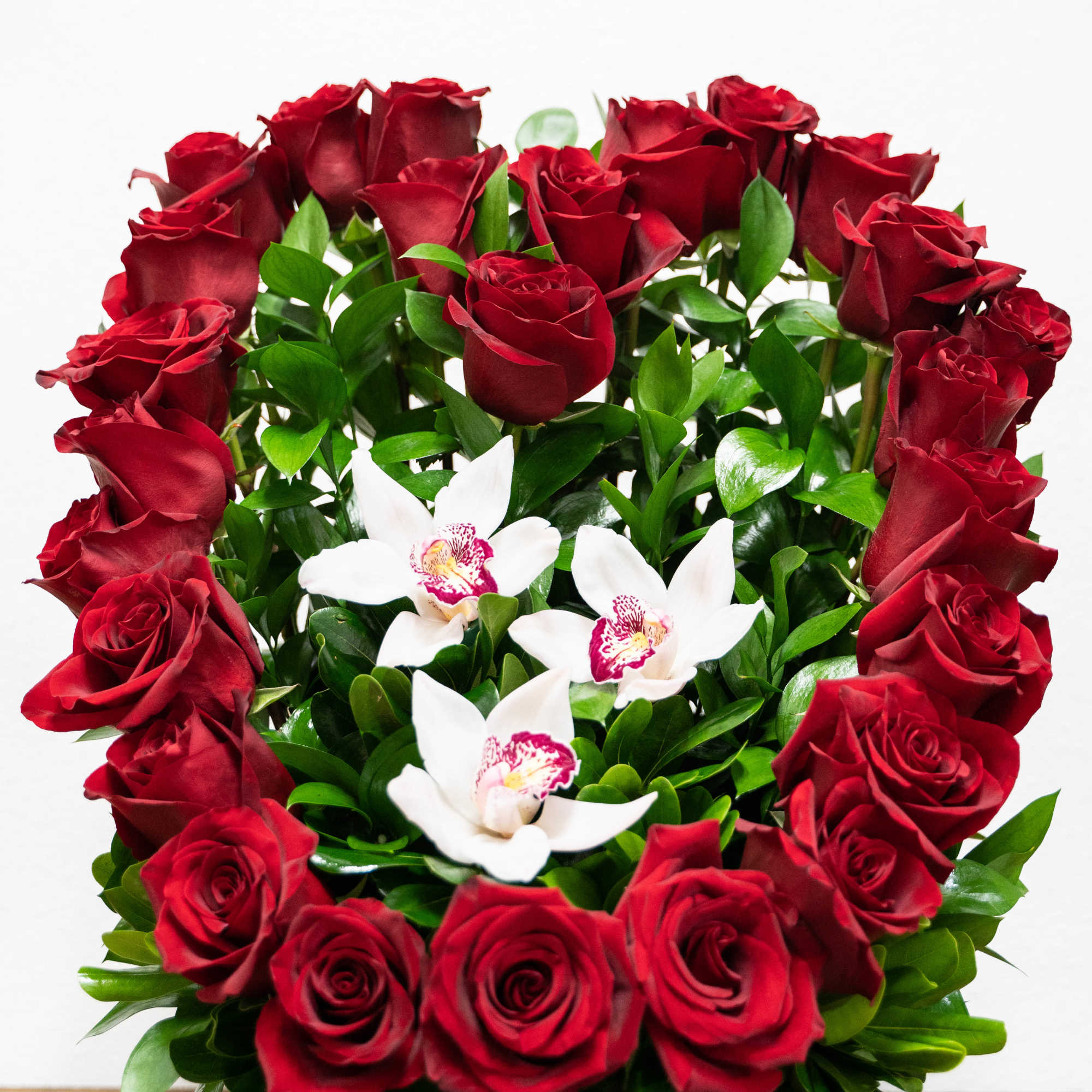 Red roses arranged in a square gray container with white orchids in the center
