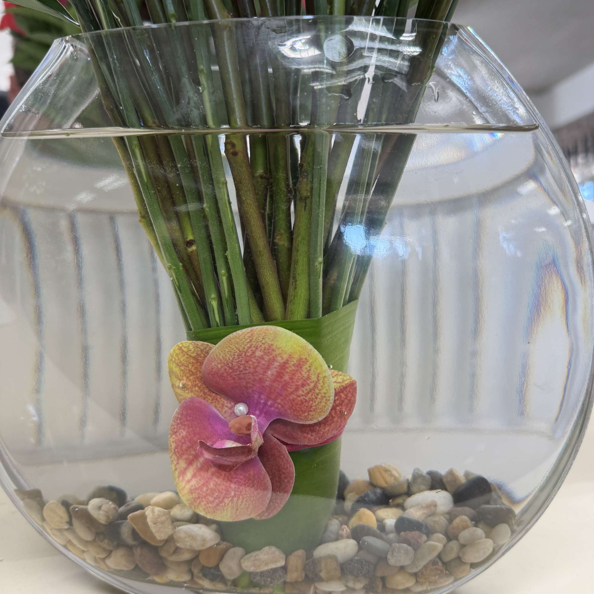 Orchid stem in a round glass vase with pebbles