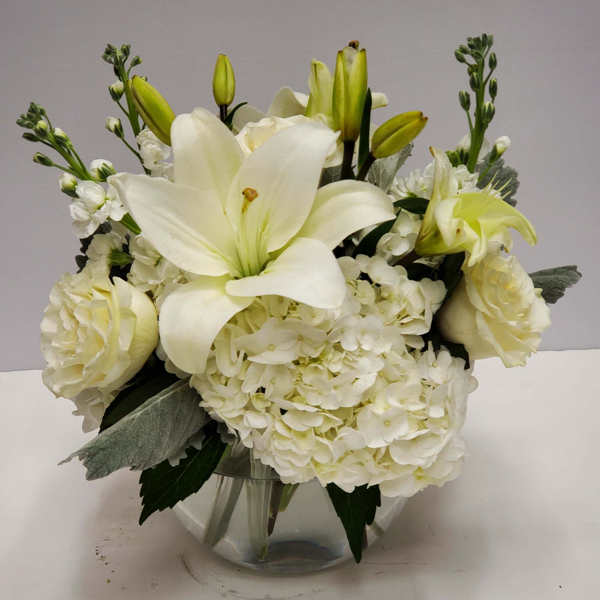 This arrangement includes white roses, white asiatic lilies, white stock, and dusty