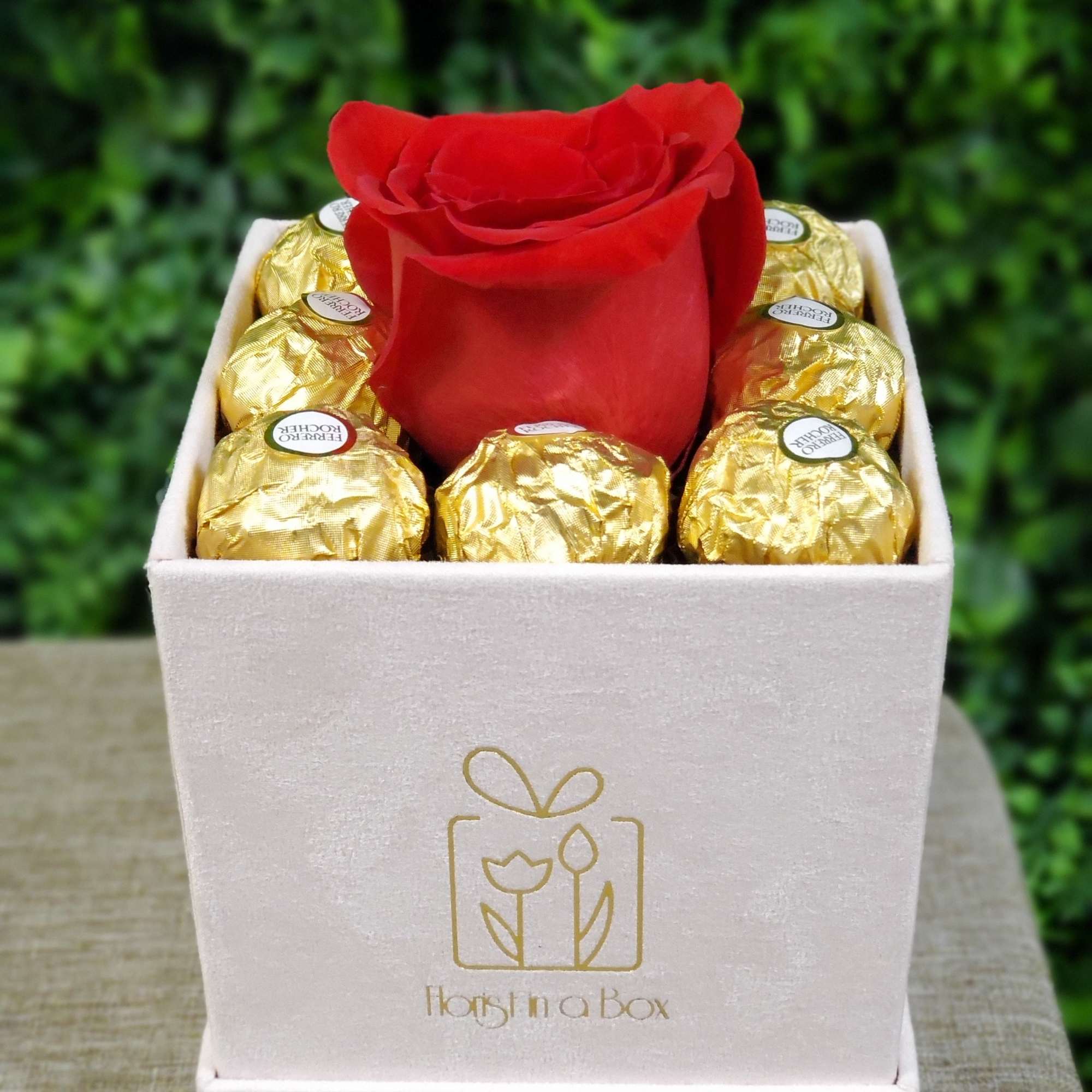 Square cream box with a single red rose surrounded by gold-wrapped chocolates.