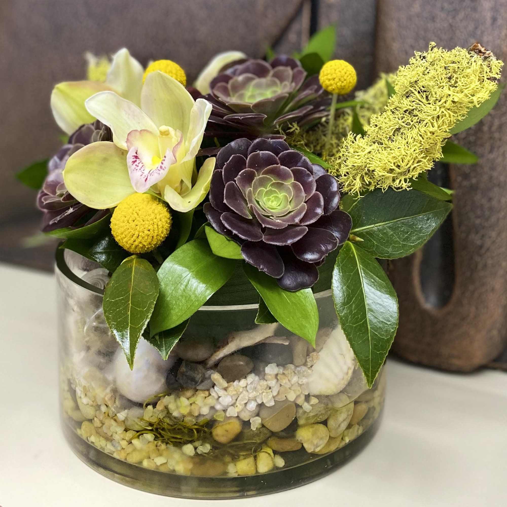 Succulent arrangement with orchids and yellow billy balls in a glass container
