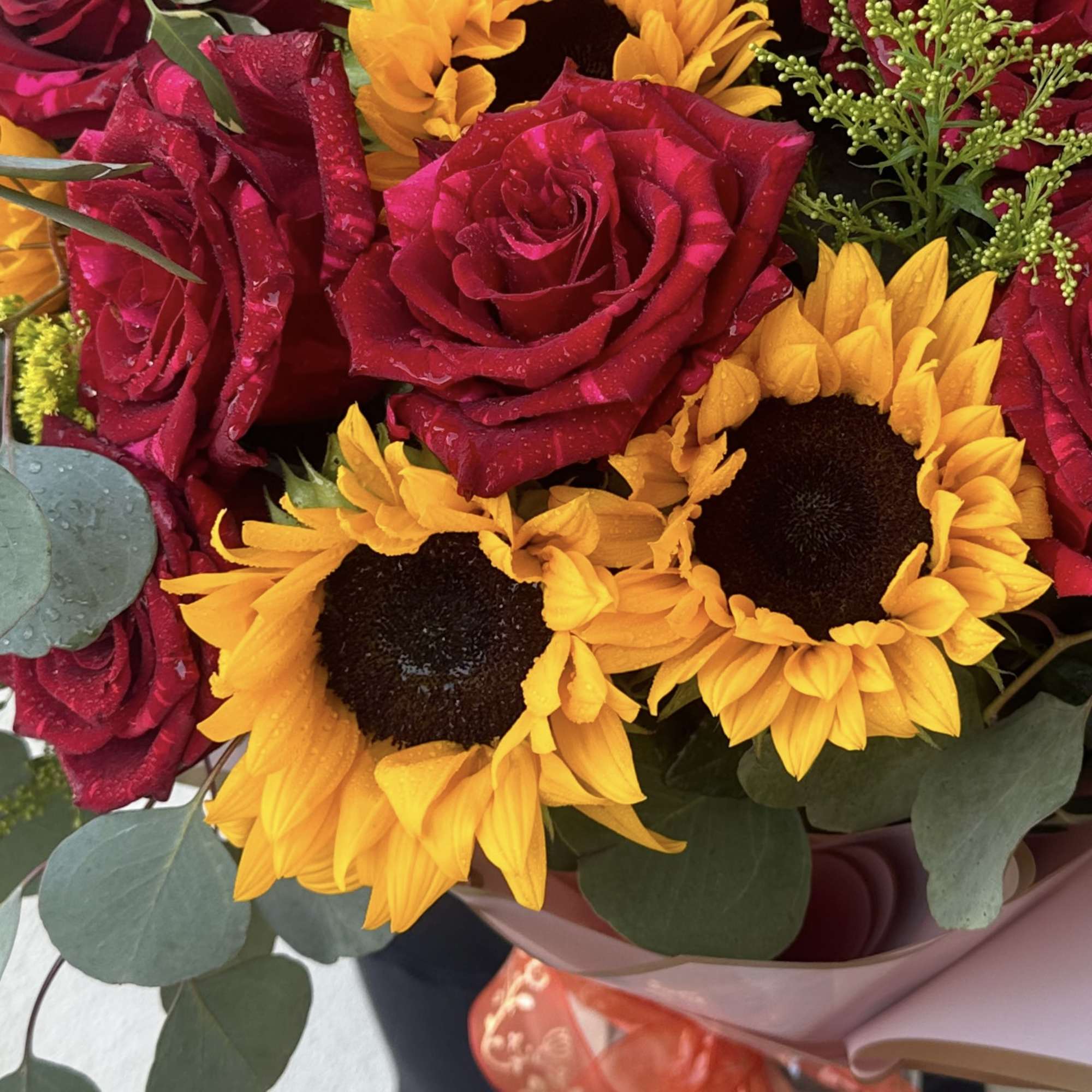 Bouquet of red roses and yellow sunflowers with eucalyptus, photo 3 of 3