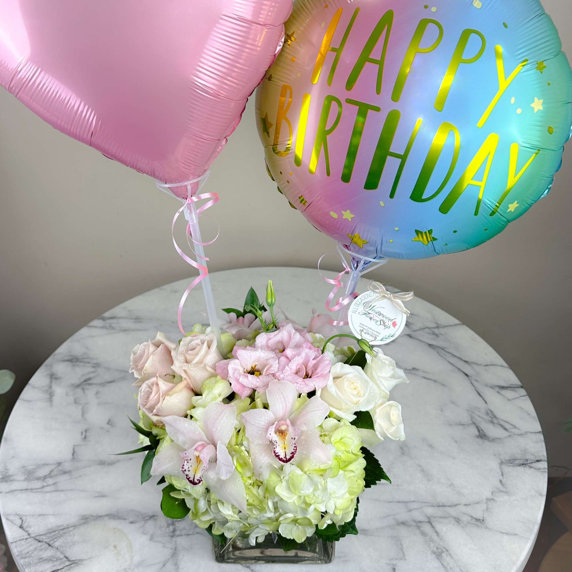 This elegant bouquet of cymbidium orchids, roses and hydrangeas arranged in a, photo 5 of 7