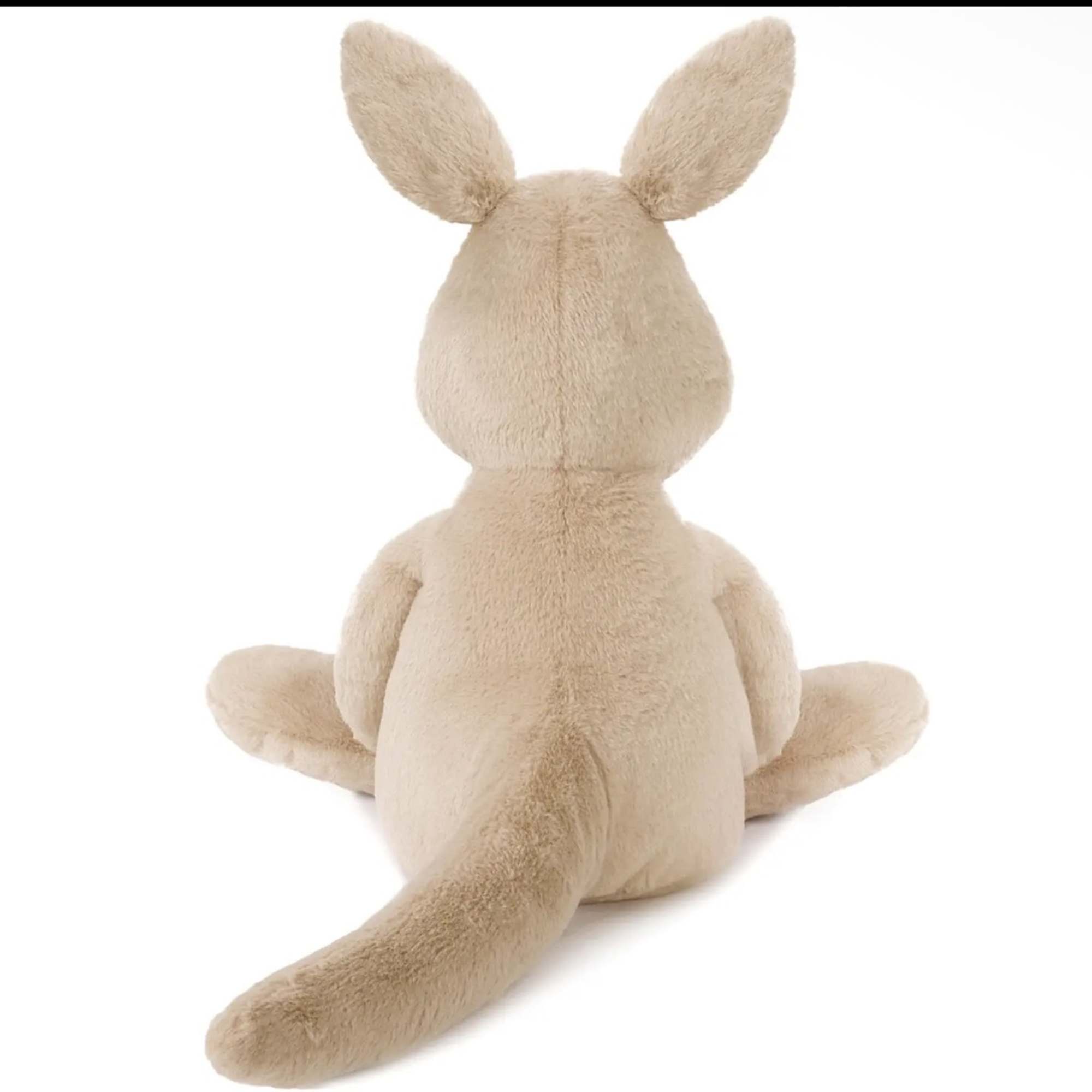 Plush kangaroo toy seen from the back on a white background