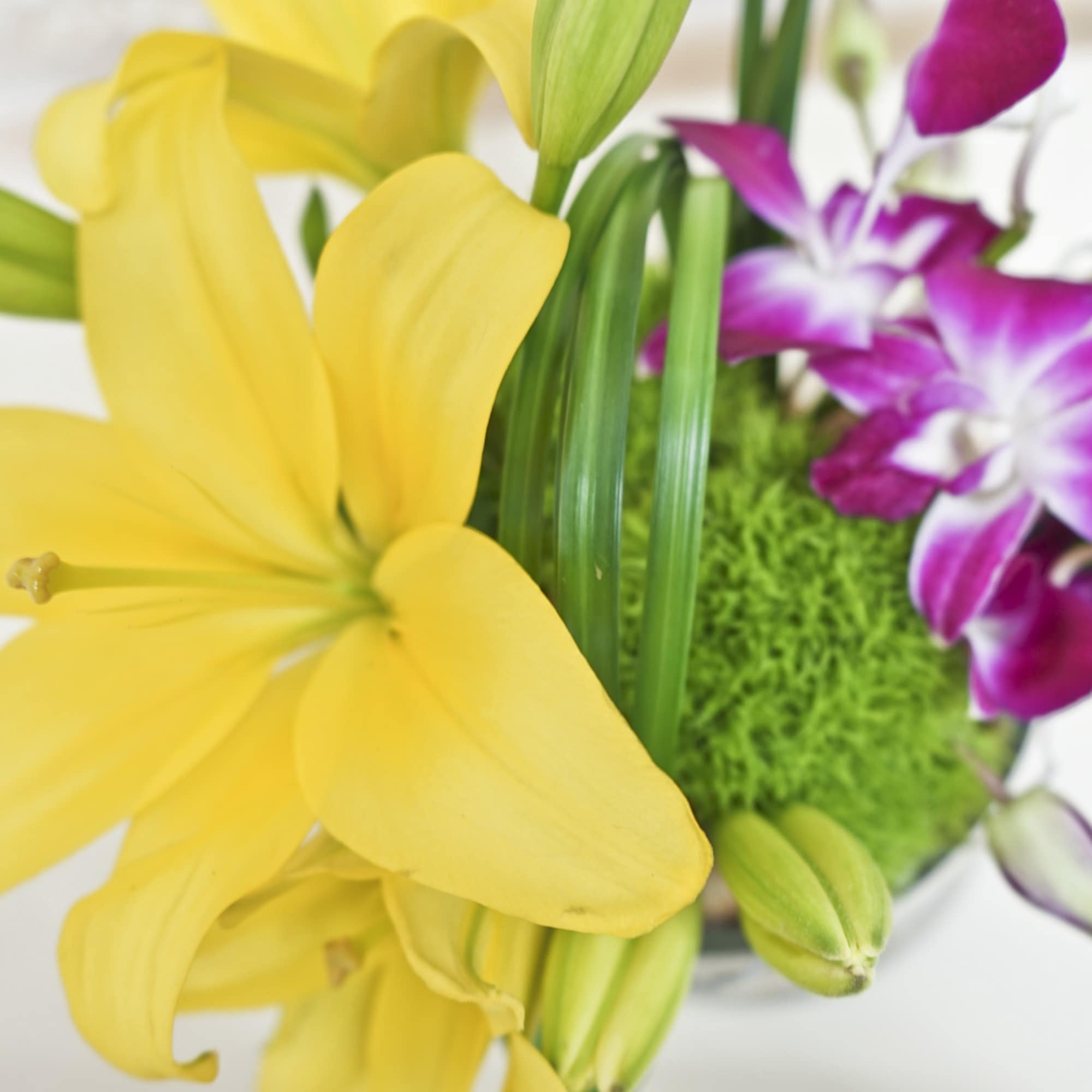 Yellow lilies with purple orchids in a close-up bouquet