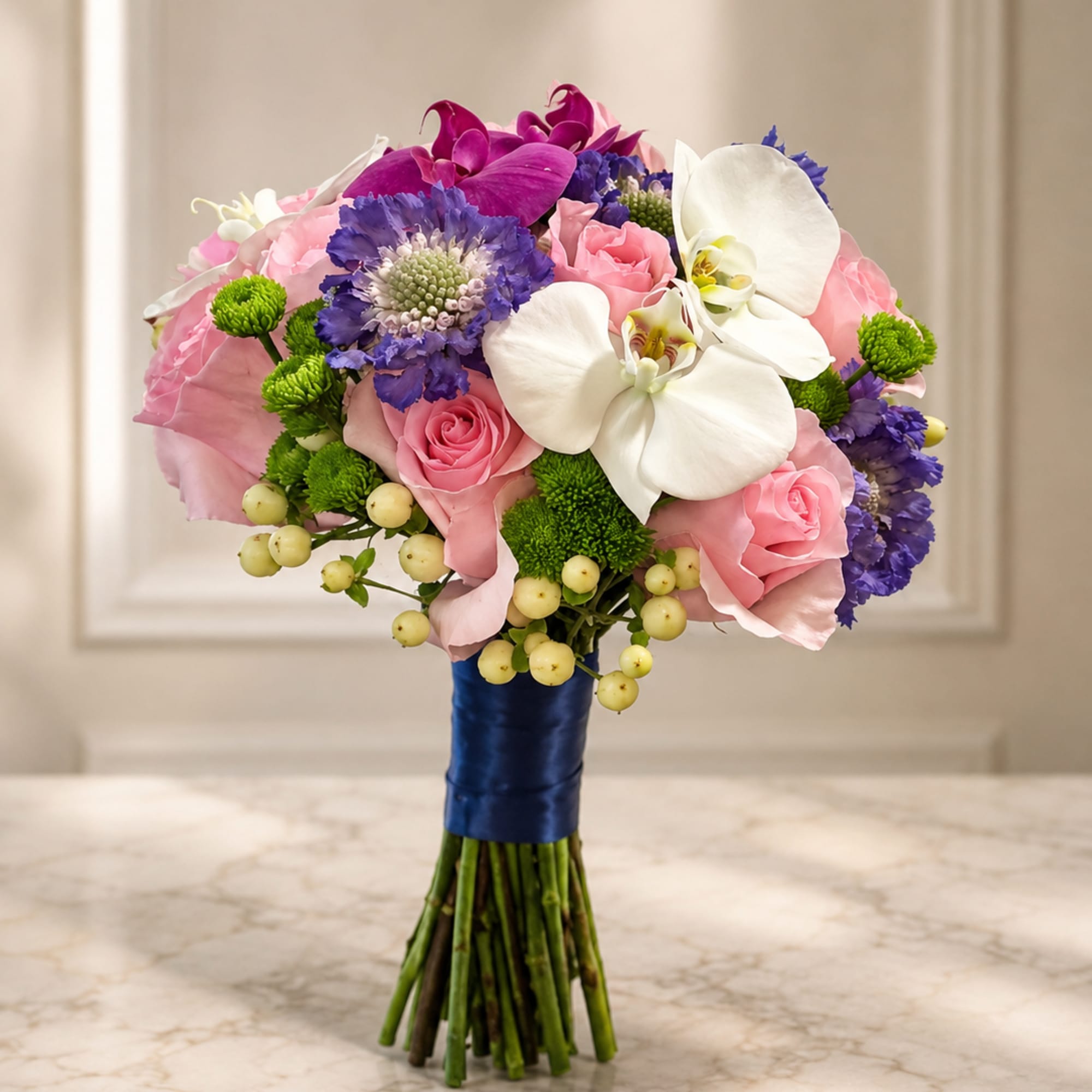 Wedding bouquet with pink roses, white orchids, and purple blooms